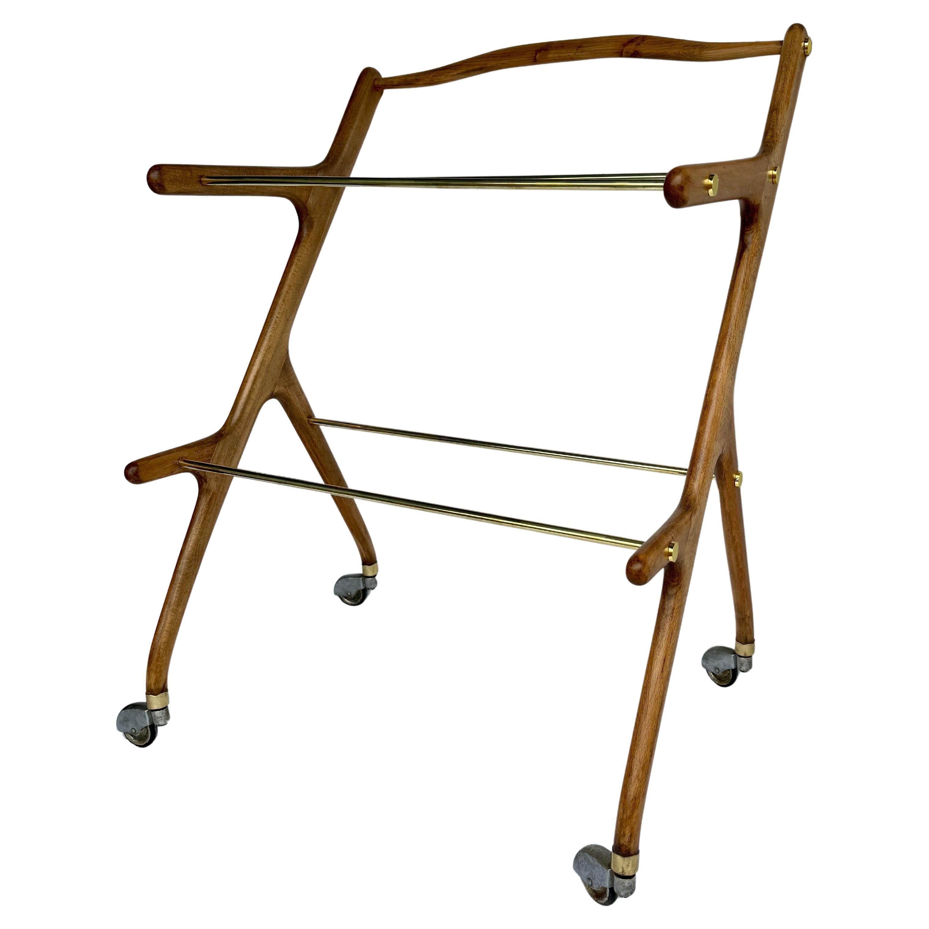 20th Century Italian Wood and Brass Bar Cart by Cesare Lacca, 1950's For Sale