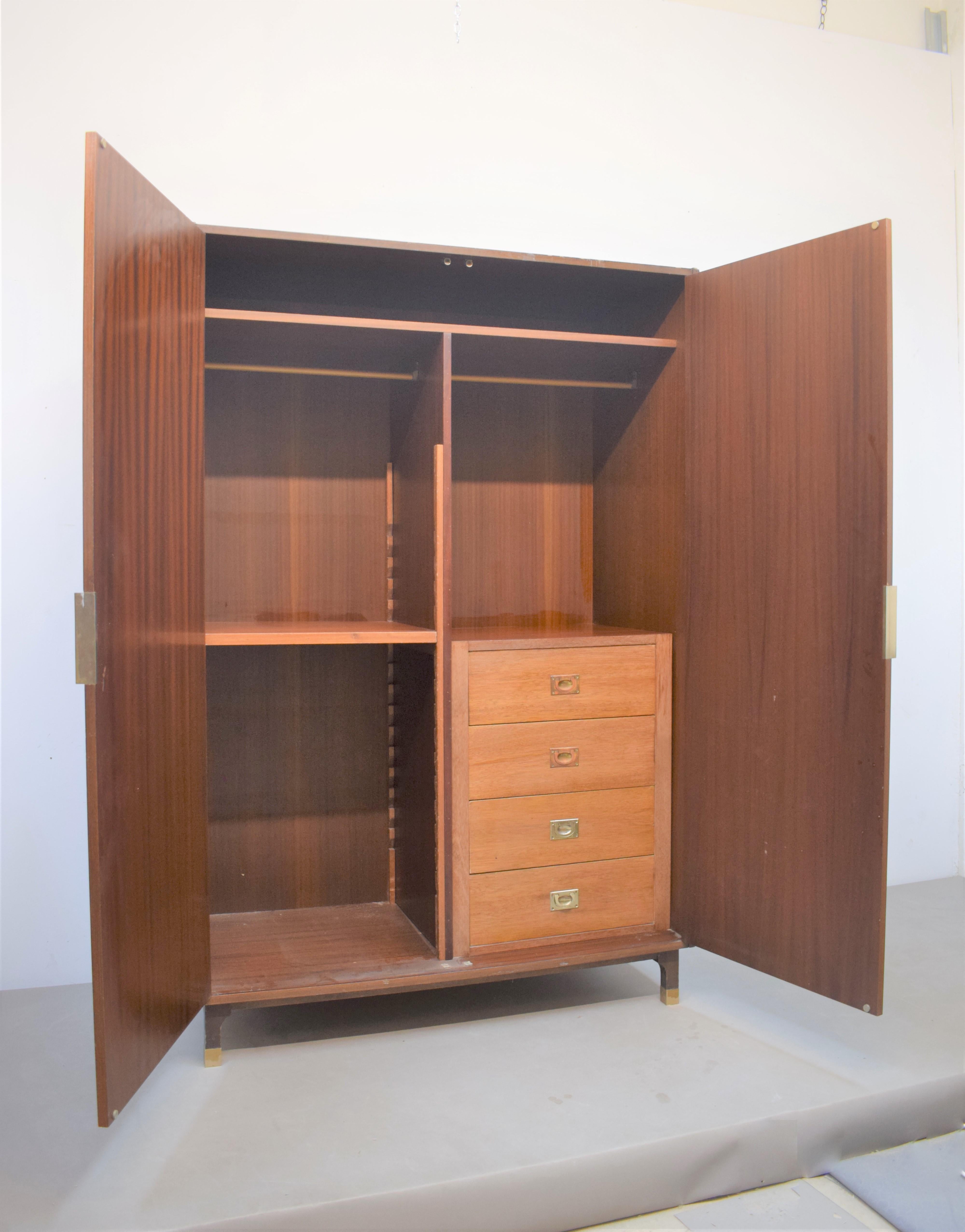 Italian Wood and Brass Wardrobe, 1960s In Good Condition In Palermo, PA