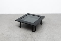 Italian Black Lacquered Wood Coffee Table with Inset Glass Top and Steel Legs