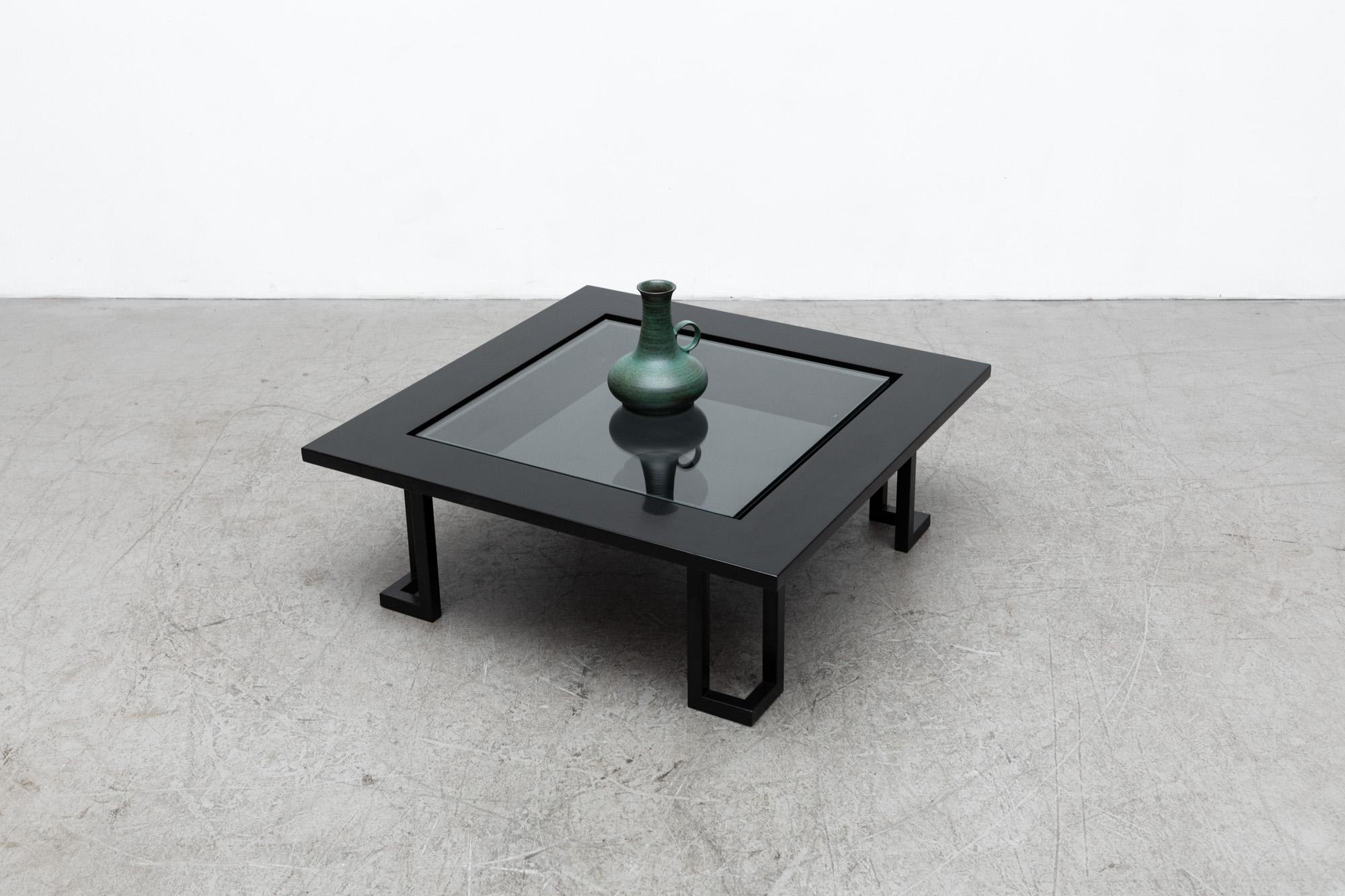 Mid-Century Modern Italian Black Lacquered Wood Coffee Table with Inset Glass & Steel Legs For Sale