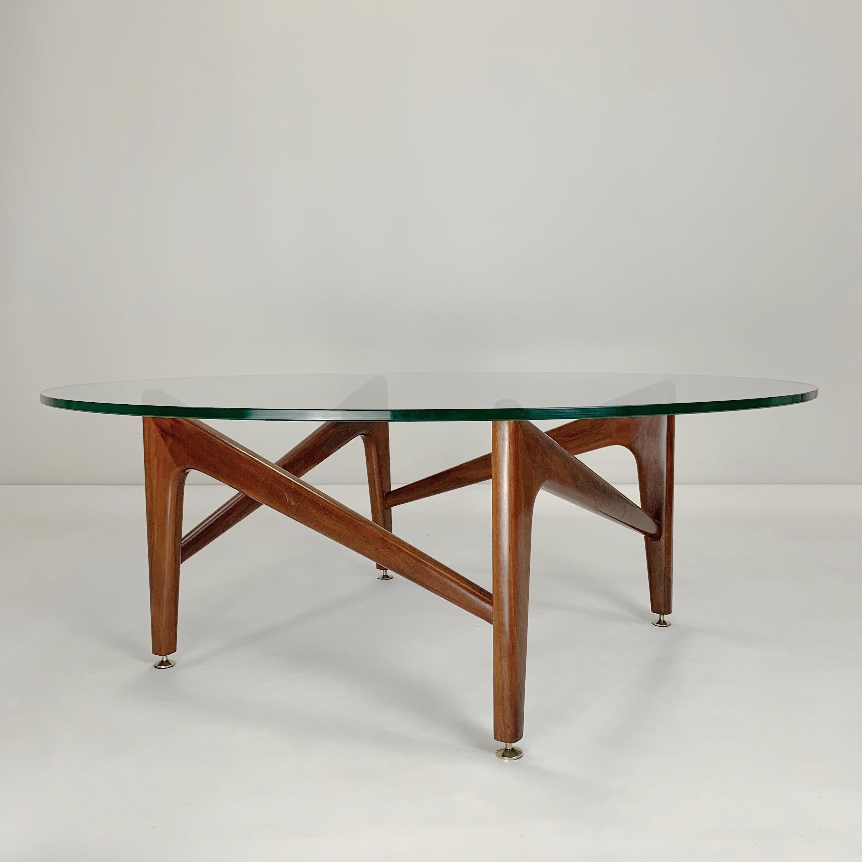 Mid-Century Modern Italian Wood and Glass Round Coffee Table, circa 1960.