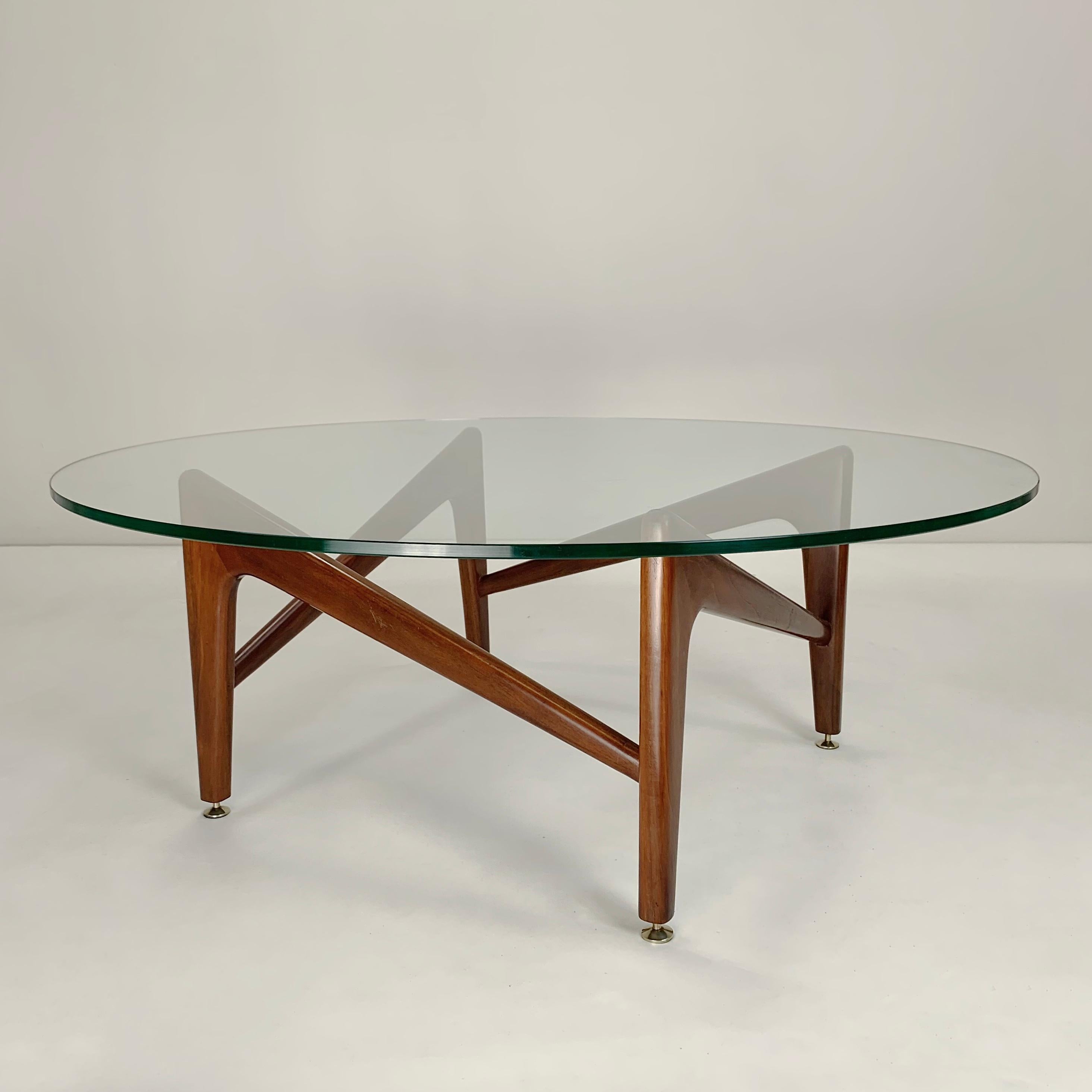 Polished Italian Wood and Glass Round Coffee Table, circa 1960.