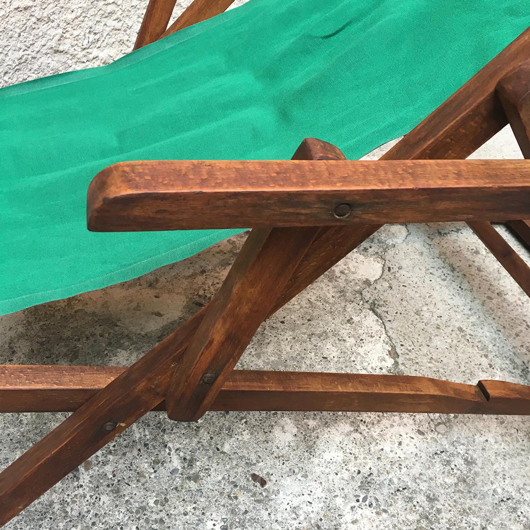 Italian Wood and Green Fabric Deckchair with Armrests, 1960s 5
