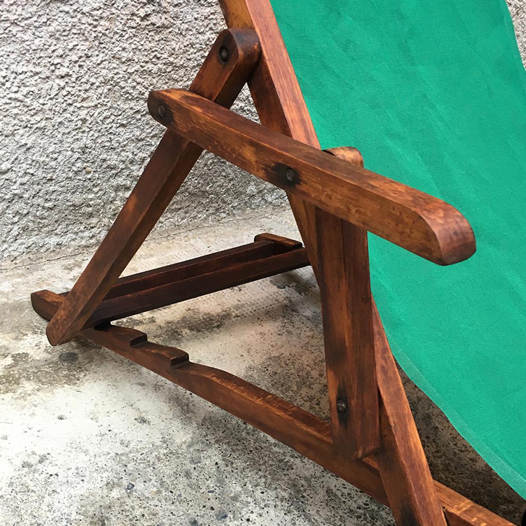 Italian Wood and Green Fabric Deckchair with Armrests, 1960s 6