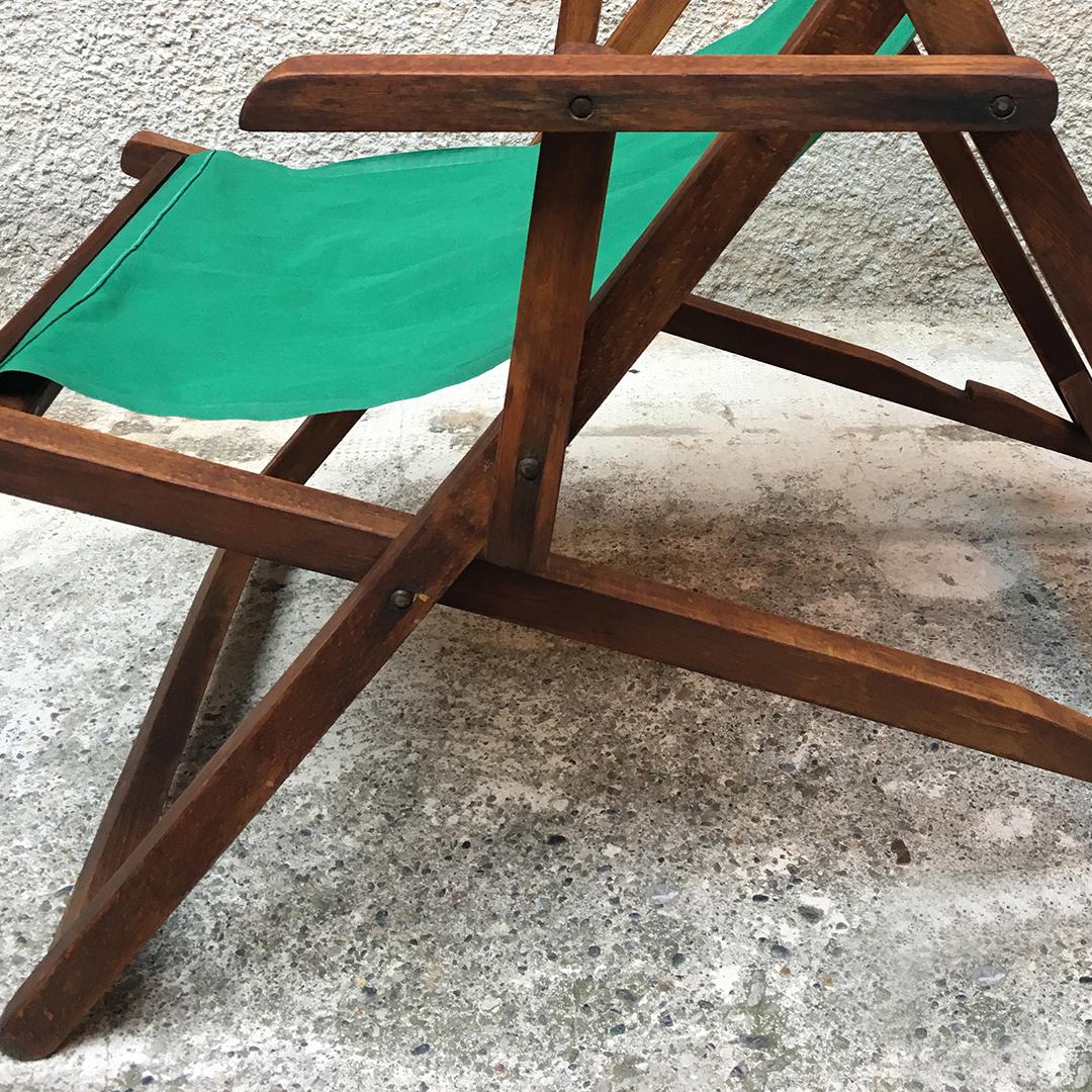 Italian Wood and Green Fabric Deckchair with Armrests, 1960s 7
