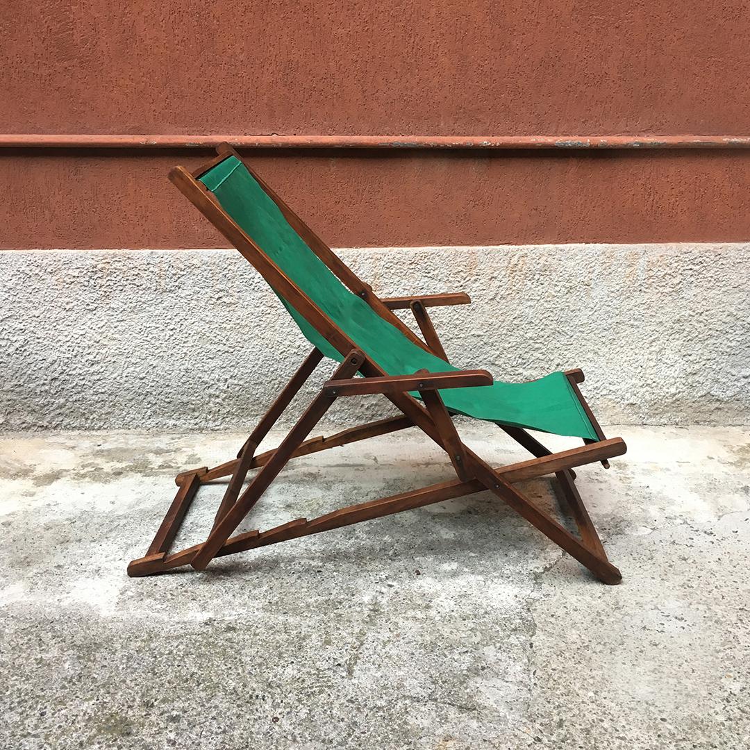 Italian Wood and Green Fabric Deckchair with Armrests, 1960s 1