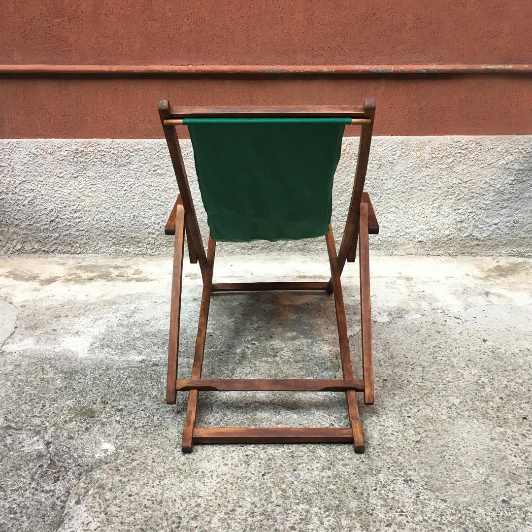 Italian Wood and Green Fabric Deckchair with Armrests, 1960s 2