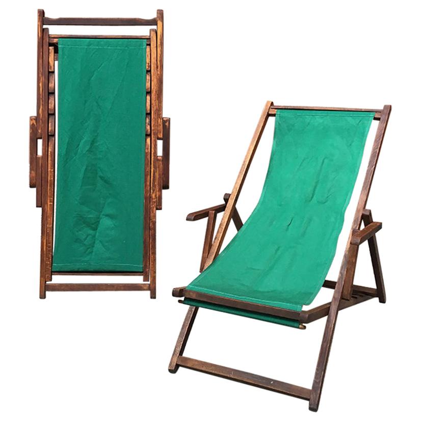 Italian Wood and Green Fabric Deckchair with Armrests, 1960s