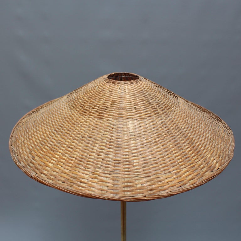 Italian Wood And Metal Floor Lamp With Wicker Shade Circa 1960s