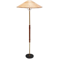 Vintage Italian Wood and Metal Floor Lamp with Wicker Shade, circa 1960s