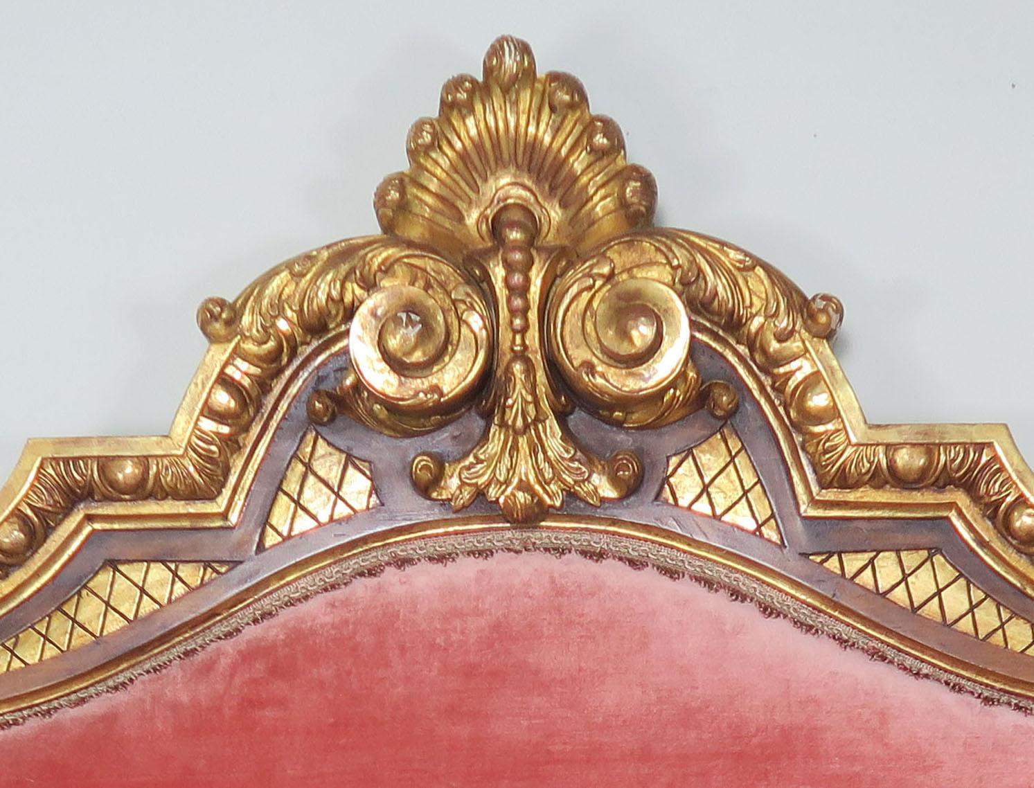 Baroque Italian Wood and Parcel-Gilt Pink Velvet Headboard