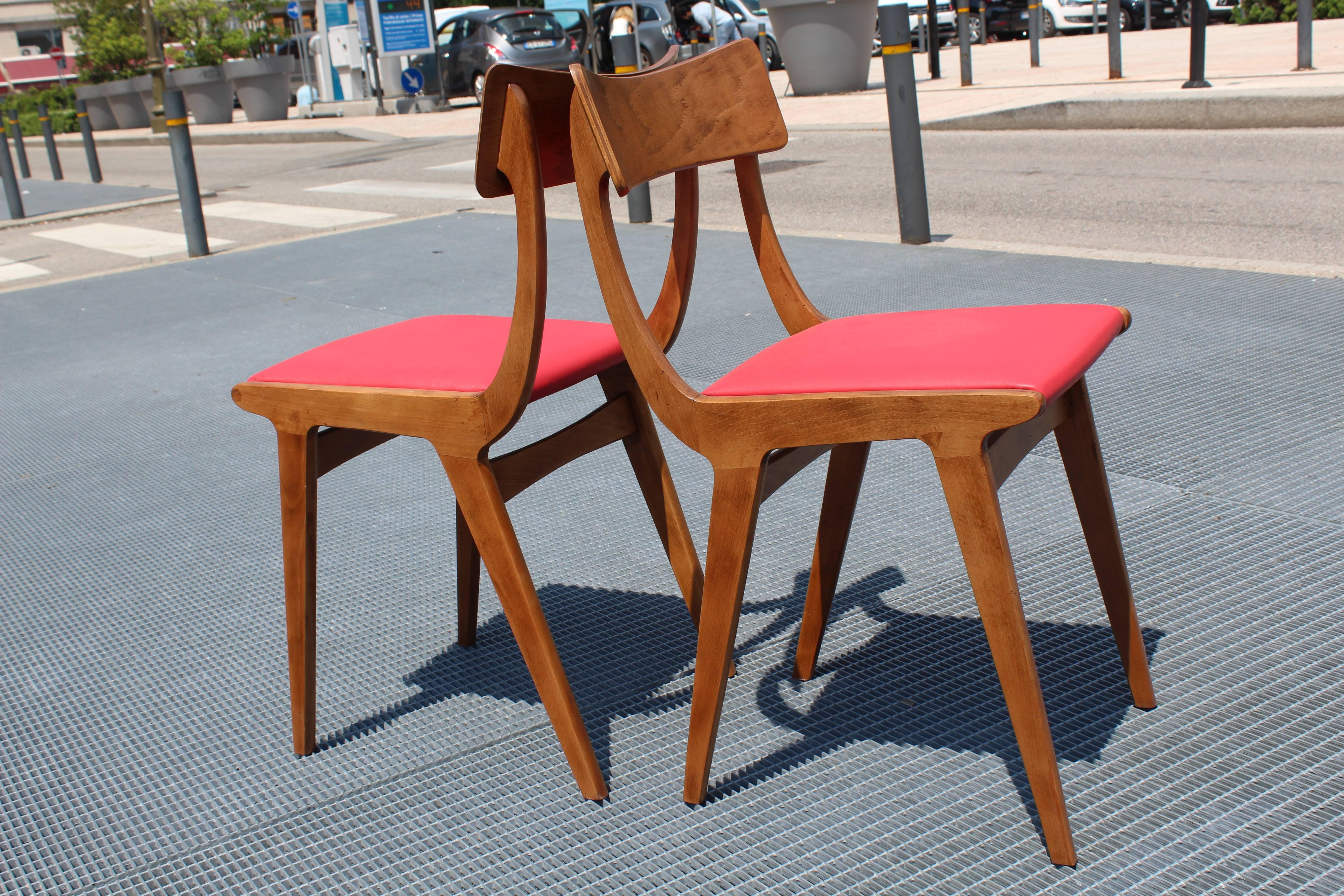 Mid-20th Century Italian Wood and Red Leather Chairs, Set of Two, 1950s
