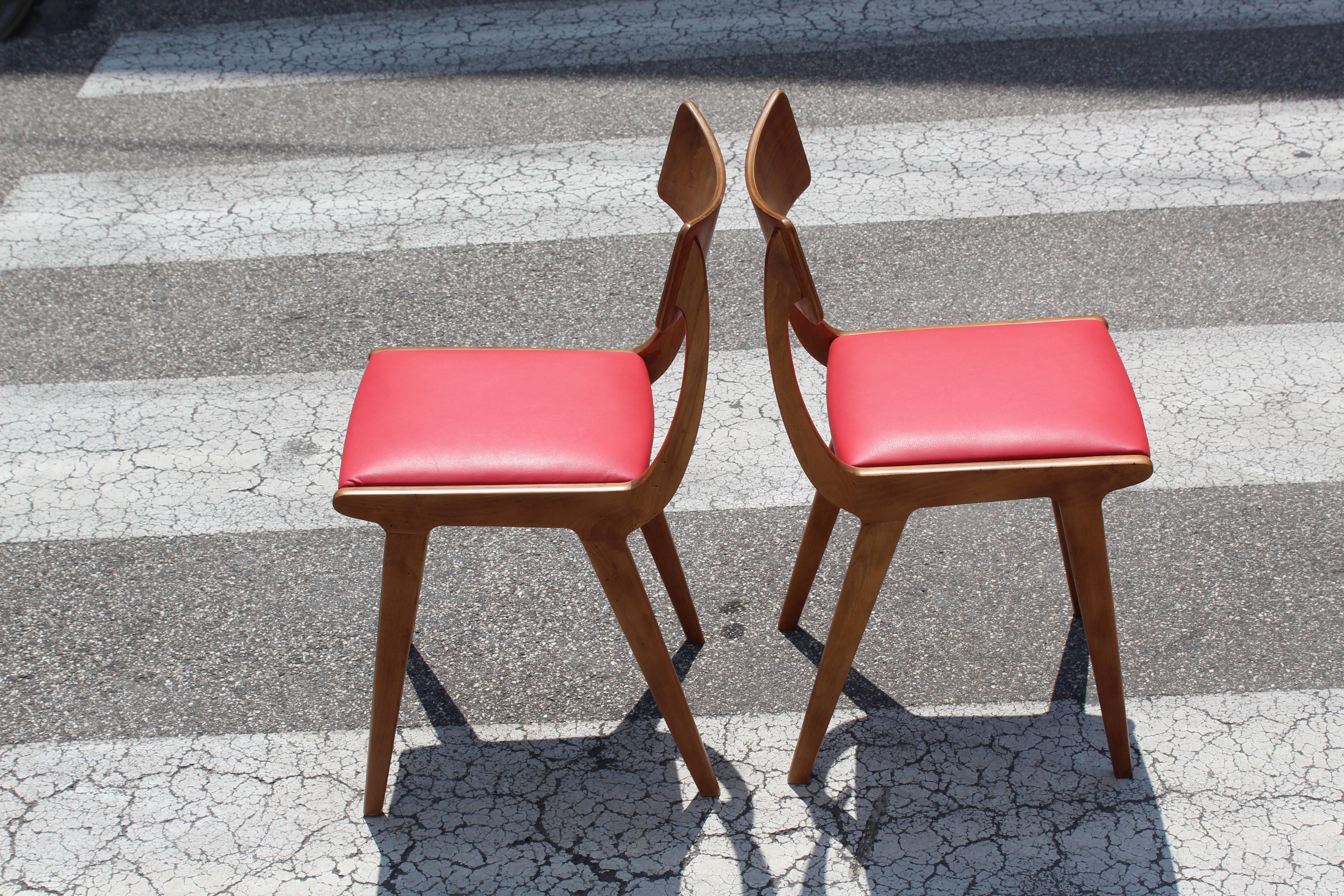 Italian Wood and Red Leather Chairs, Set of Two, 1950s 1