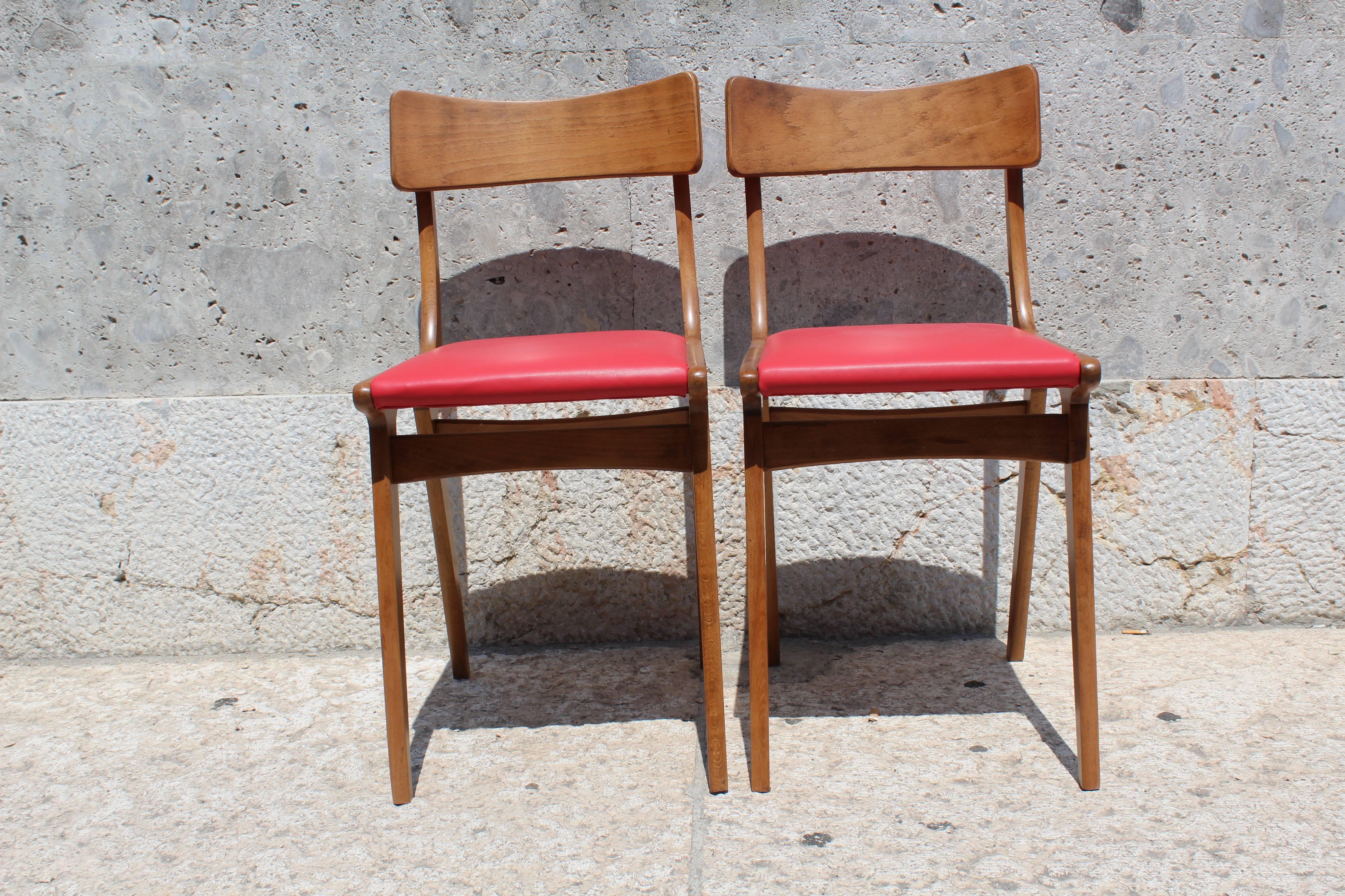 Italian Wood and Red Leather Chairs, Set of Two, 1950s 4