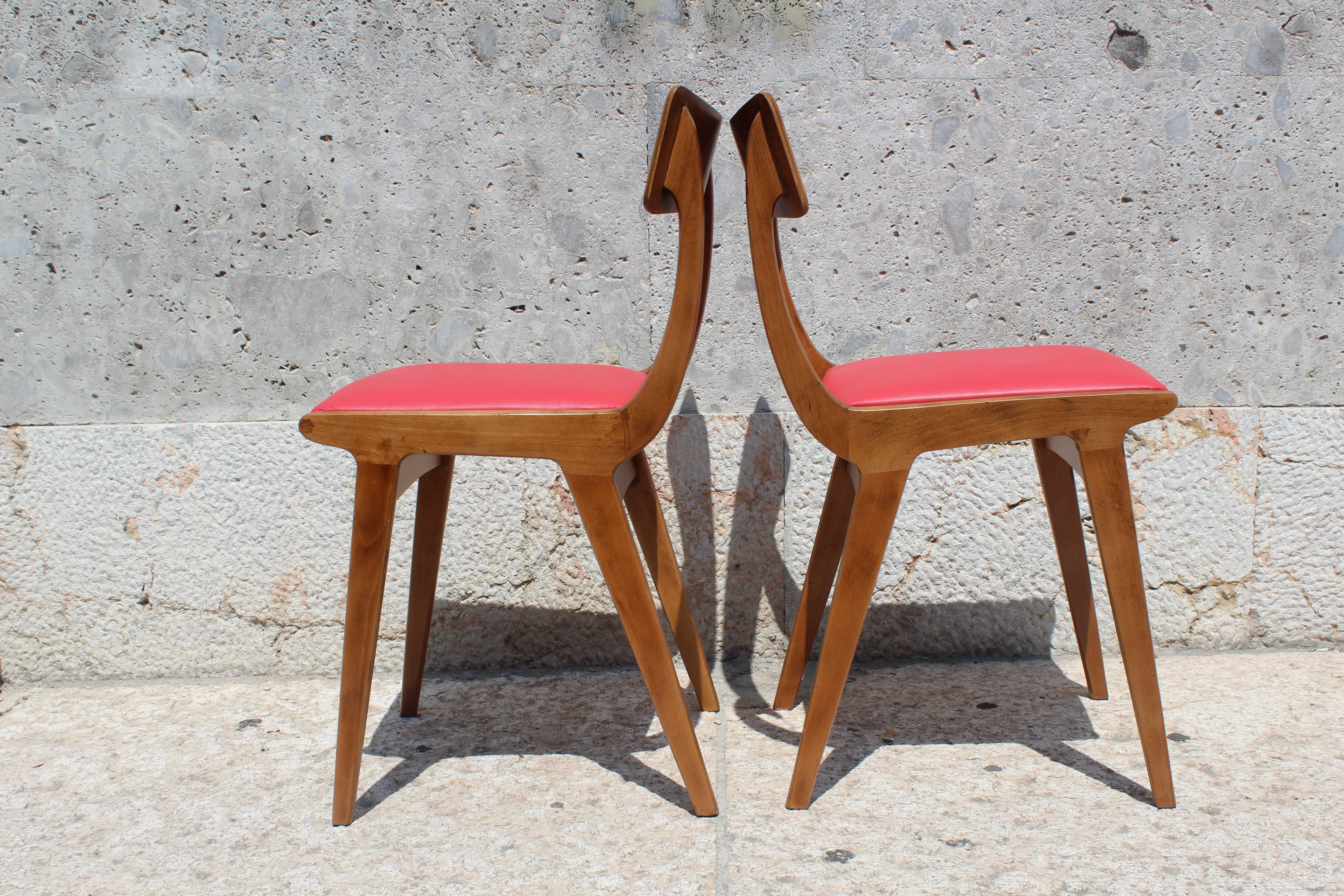 Italian Wood and Red Leather Chairs, Set of Two, 1950s 5