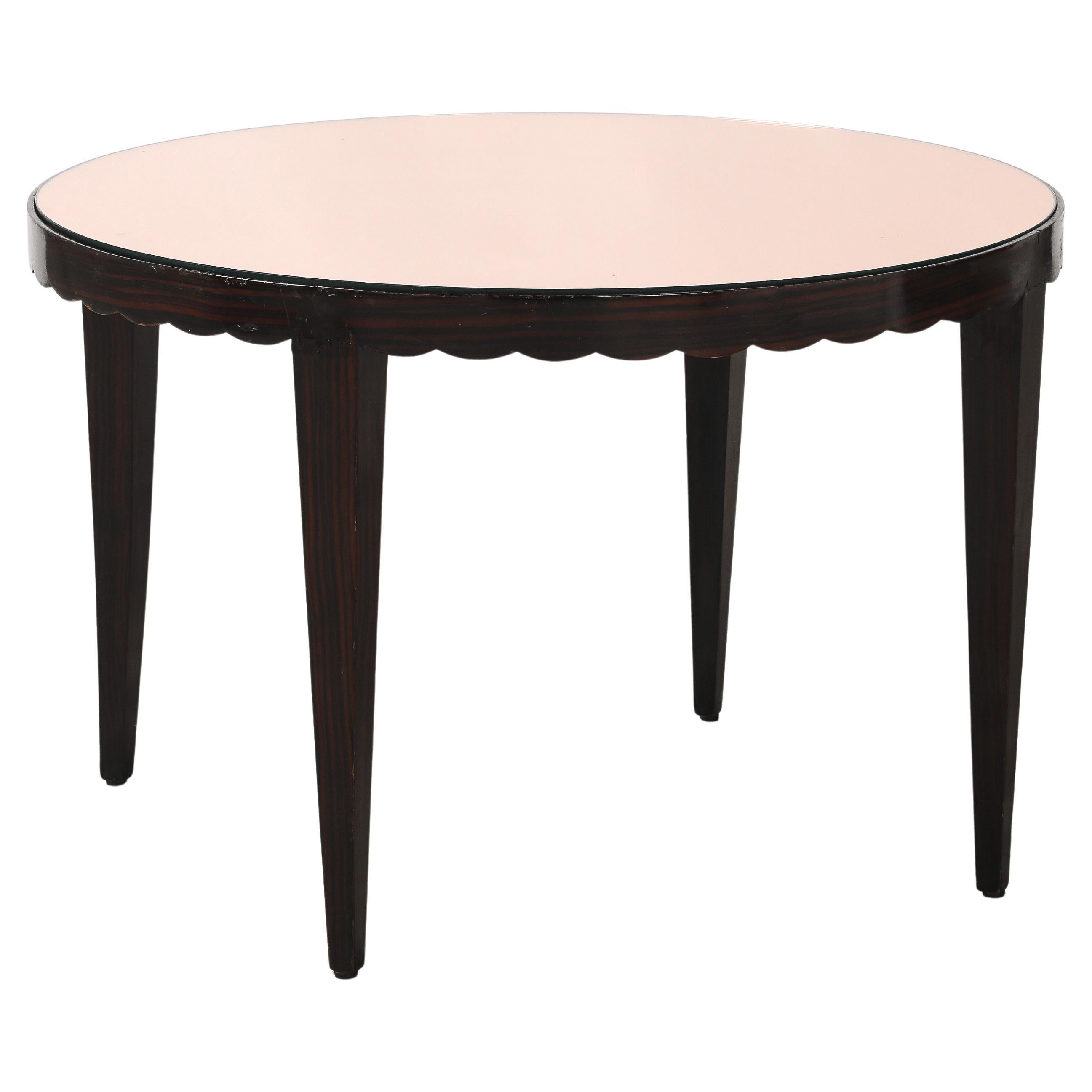 Mid-Century Modern Table basse festonnée italienne en Wood et verre or rose, vers 1950 en vente