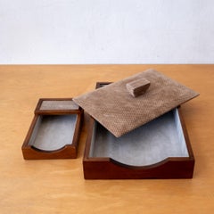 Italian Wood and Suede Desk Set Letter Tray Set 1970s