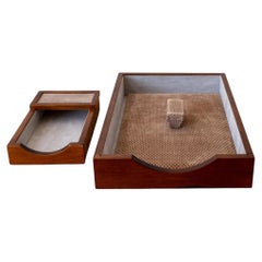 Italian Wood and Suede Desk Set Letter Tray Set 1970s