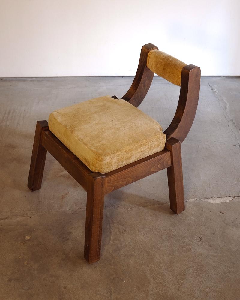 Pair of Italian wood and velvet chairs. Curved back detail.