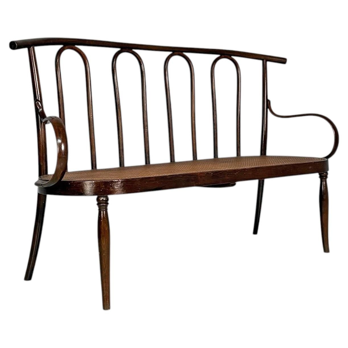 Italian wood and Vienna straw bench, 1970s For Sale