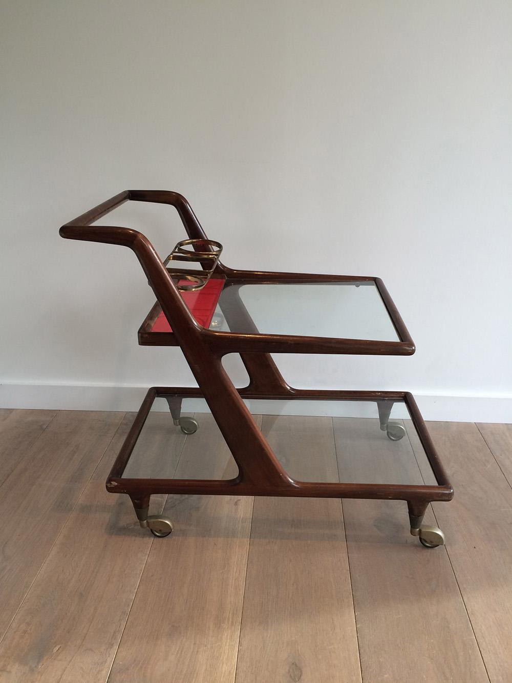 Mid-Century Modern Italian Wood, Brass and Glass Bar Cart, circa 1950 For Sale