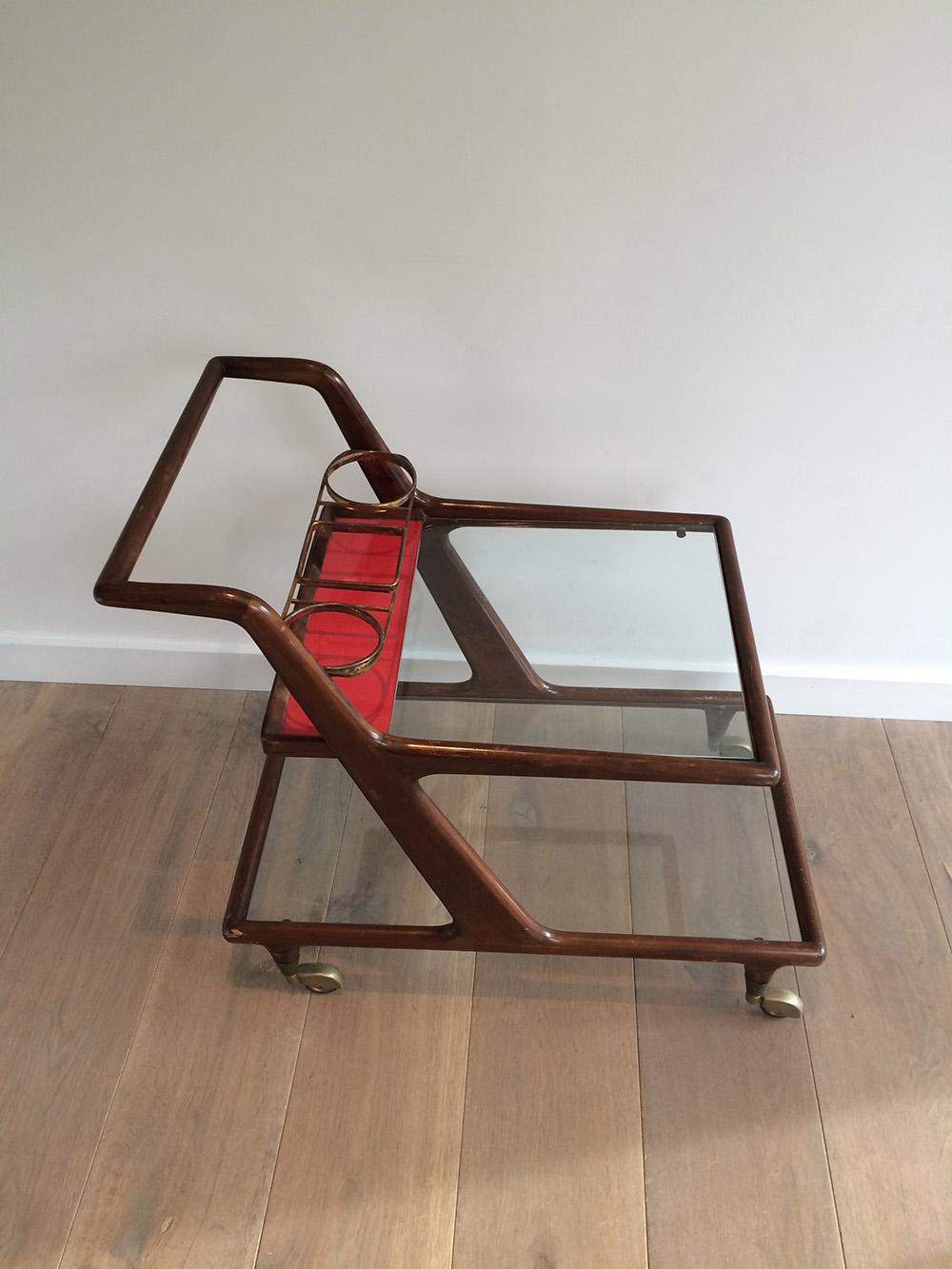 Italian Wood, Brass and Glass Bar Cart, circa 1950 In Good Condition For Sale In Marcq-en-Barœul, Hauts-de-France