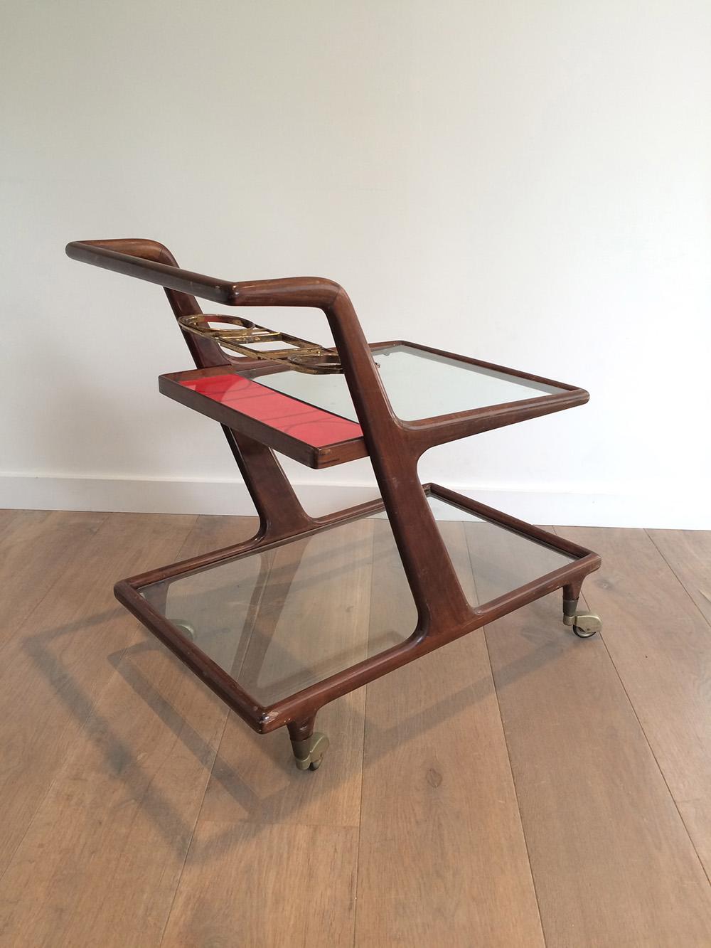 Mid-20th Century Italian Wood, Brass and Glass Bar Cart, circa 1950 For Sale