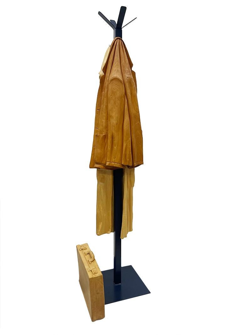 Italian wood-carved sculptures with raincoat and jacket on metal coat rack In Good Condition For Sale In Delft, NL