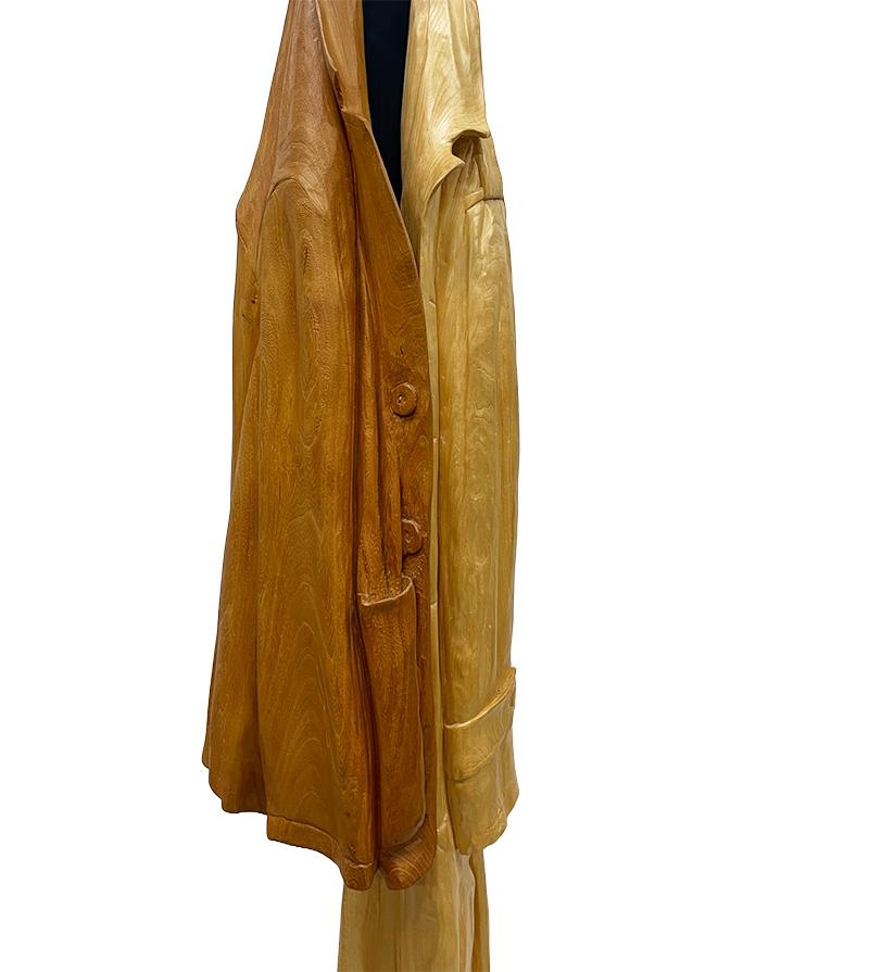 Italian wood-carved sculptures with raincoat and jacket on metal coat rack For Sale 4