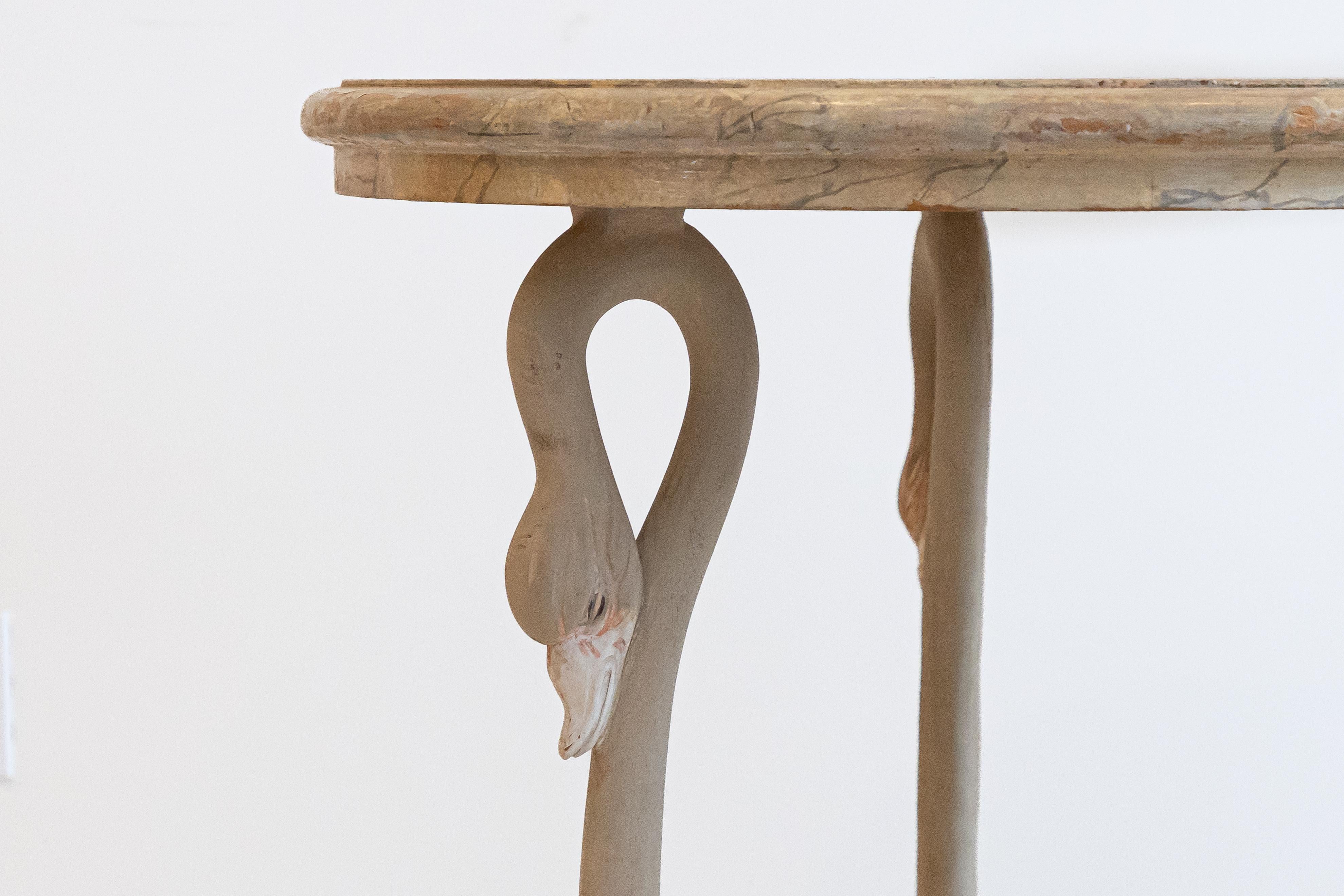 Neoclassical Italian Wood Carved Swan Table With Faux Marbled Top For Sale