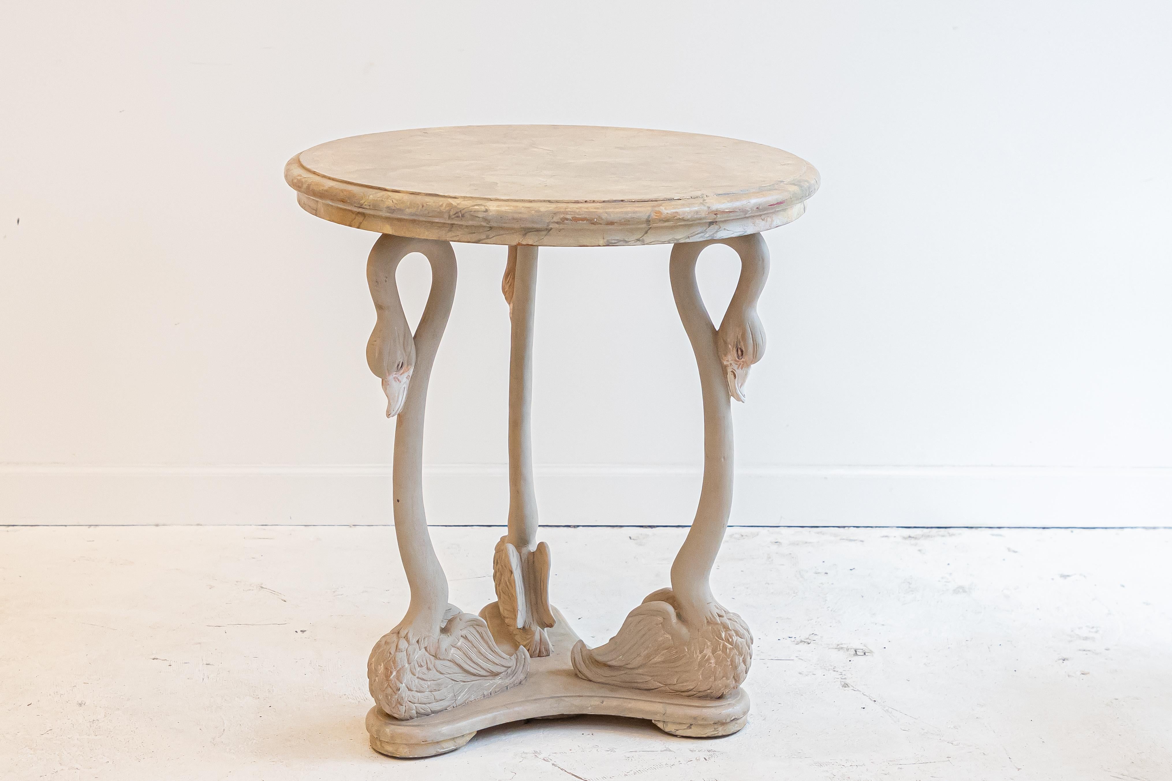 Hand-Carved Italian Wood Carved Swan Table With Faux Marbled Top For Sale