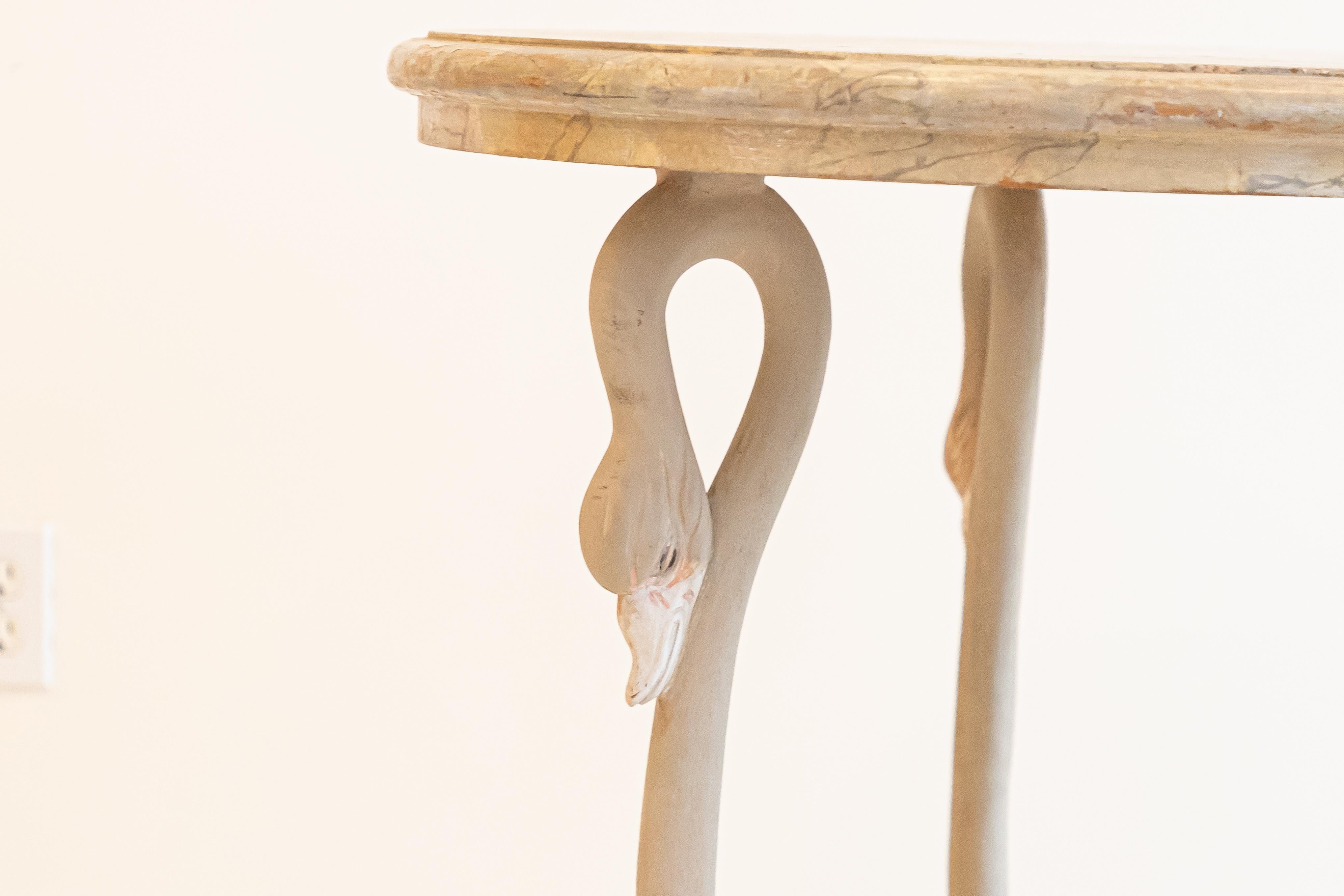 Contemporary Italian Wood Carved Swan Table With Faux Marbled Top For Sale