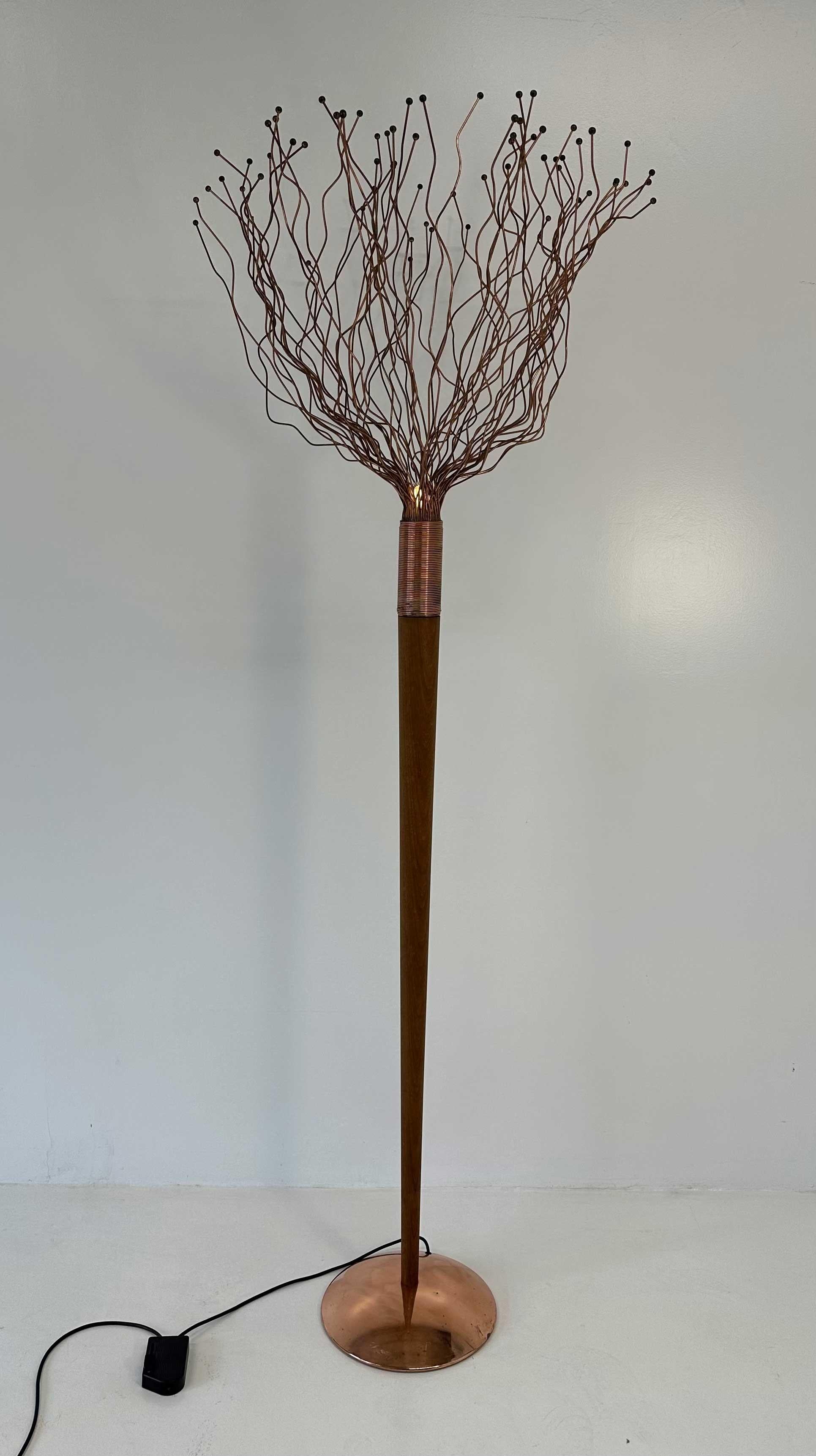 Mid-Century Modern Italian Wood, Copper and Brass Tree Floor Lamp, Paolo Donatello, 1990s For Sale