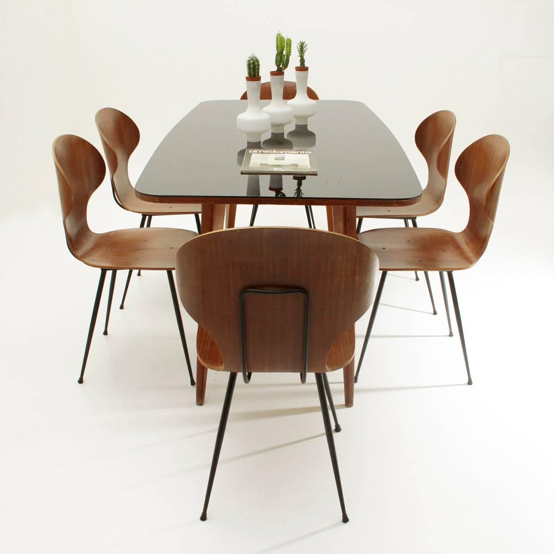 Italian Wood Dining Table with Black Glass Top, 1950s 5