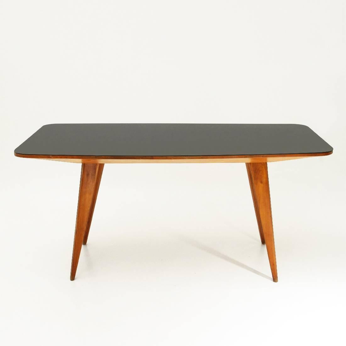Mid-Century Modern Italian Wood Dining Table with Black Glass Top, 1950s