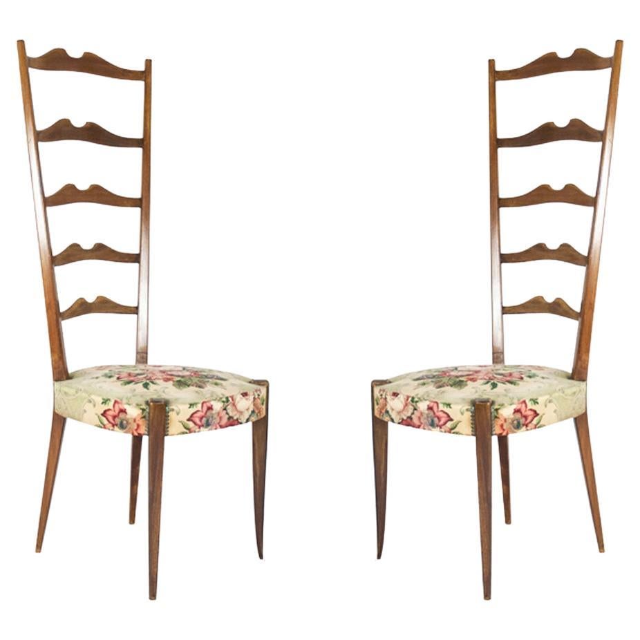 Italian Wood & Fabric High-Back Mid Century Chairs from Minotti, Set of 2