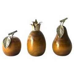 Italian Wood Fruit Apple Pineapple & Pear Sculpture Objects, Set of 3