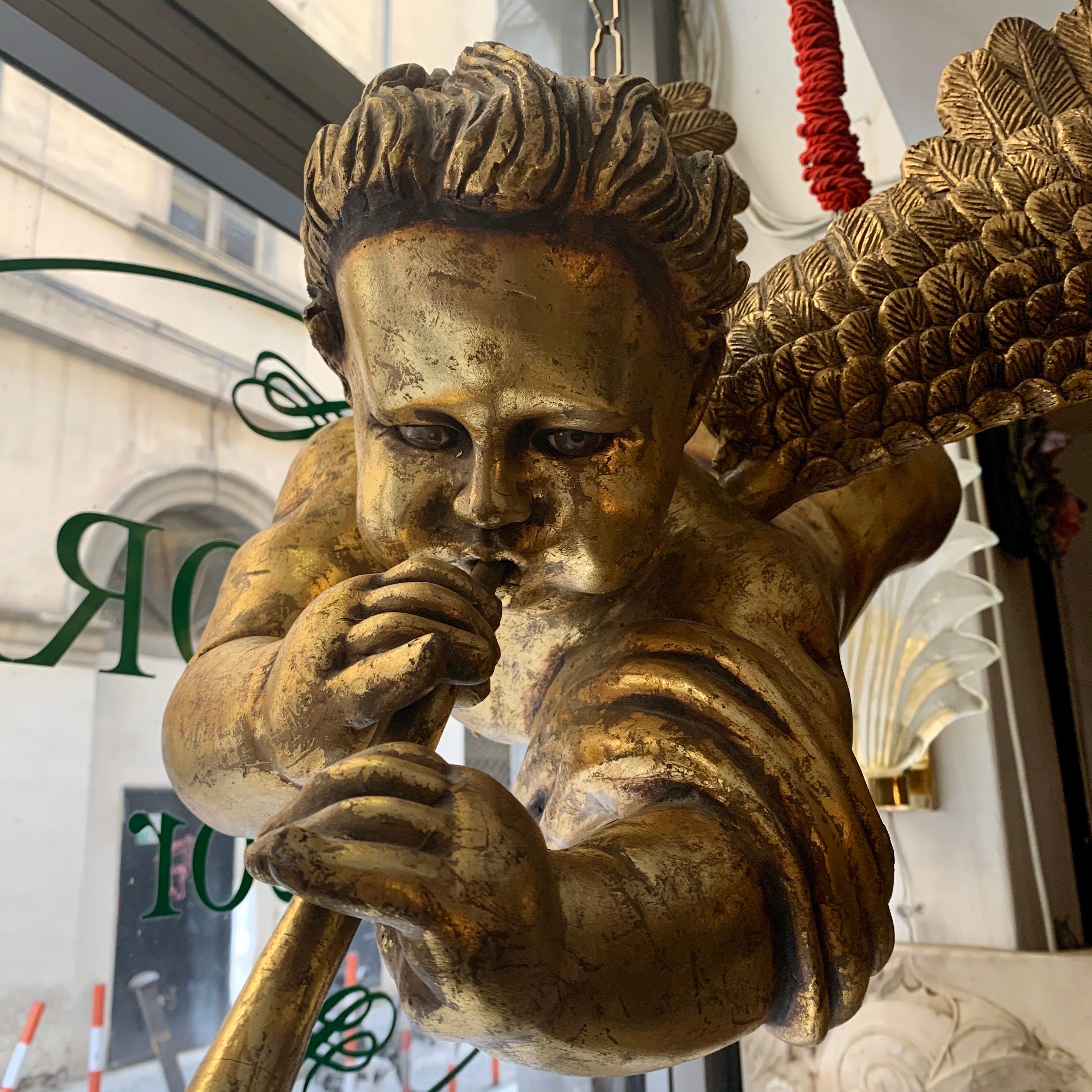 Italian Wood Gold Leaf Musician Cherub, Ceiling Hanging, 1950s 4