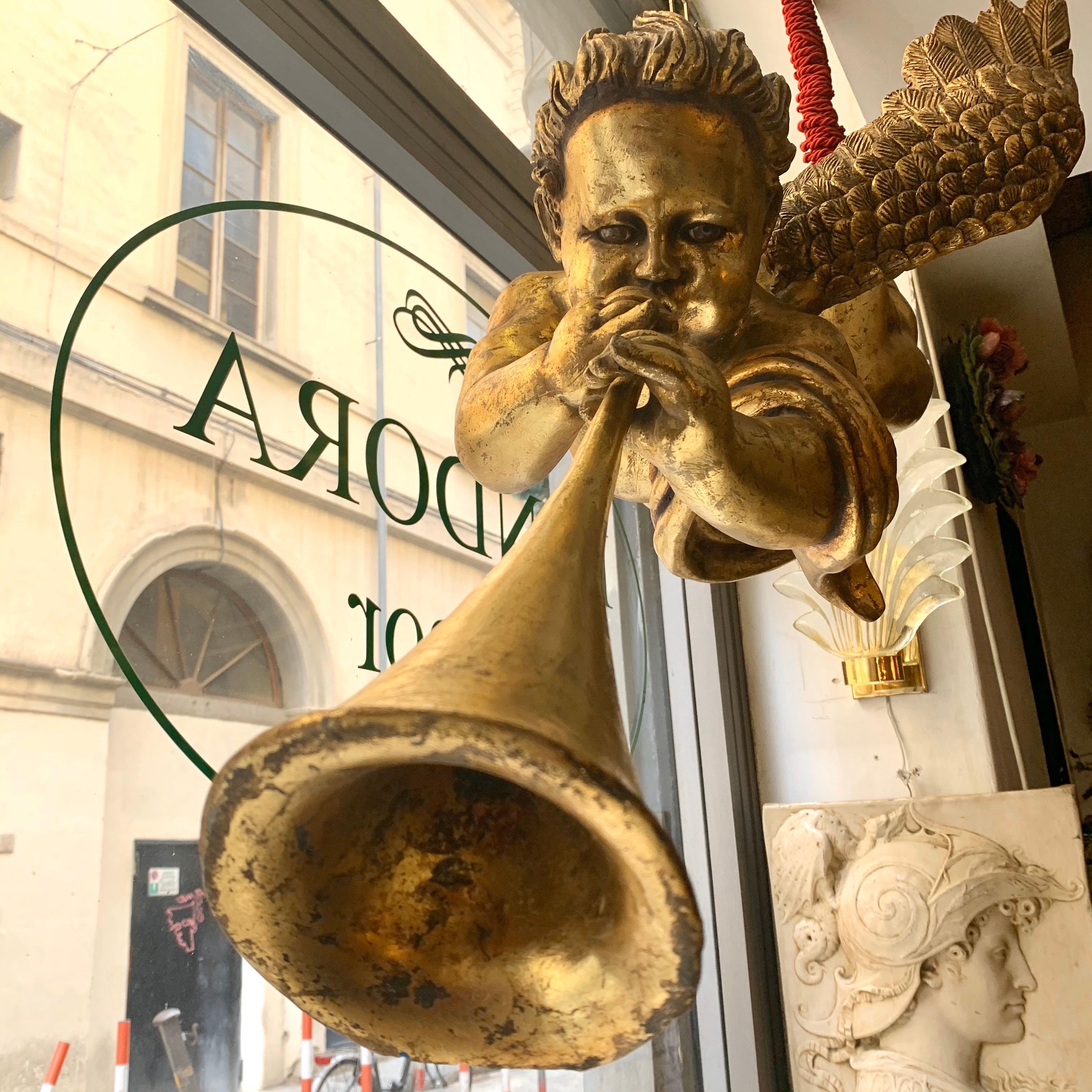 Italian Wood Gold Leaf Musician Cherub, Ceiling Hanging, 1950s 5