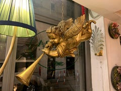 Italian Wood Gold Leaf Musician Cherub, Ceiling Hanging, 1950s