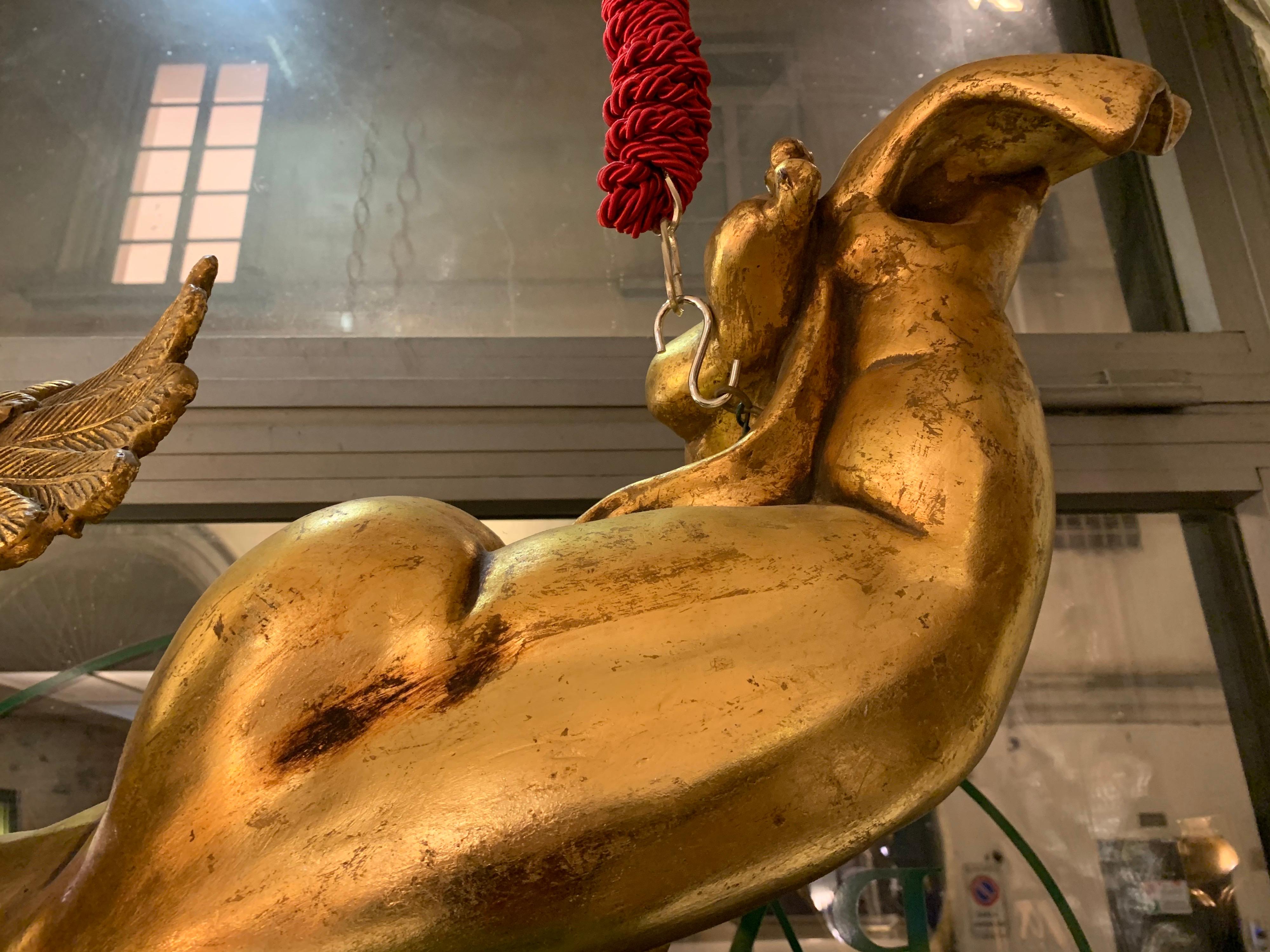 Mid-Century Modern Italian Wood Gold Leaf Musician Cherub, Ceiling Hanging, 1950s