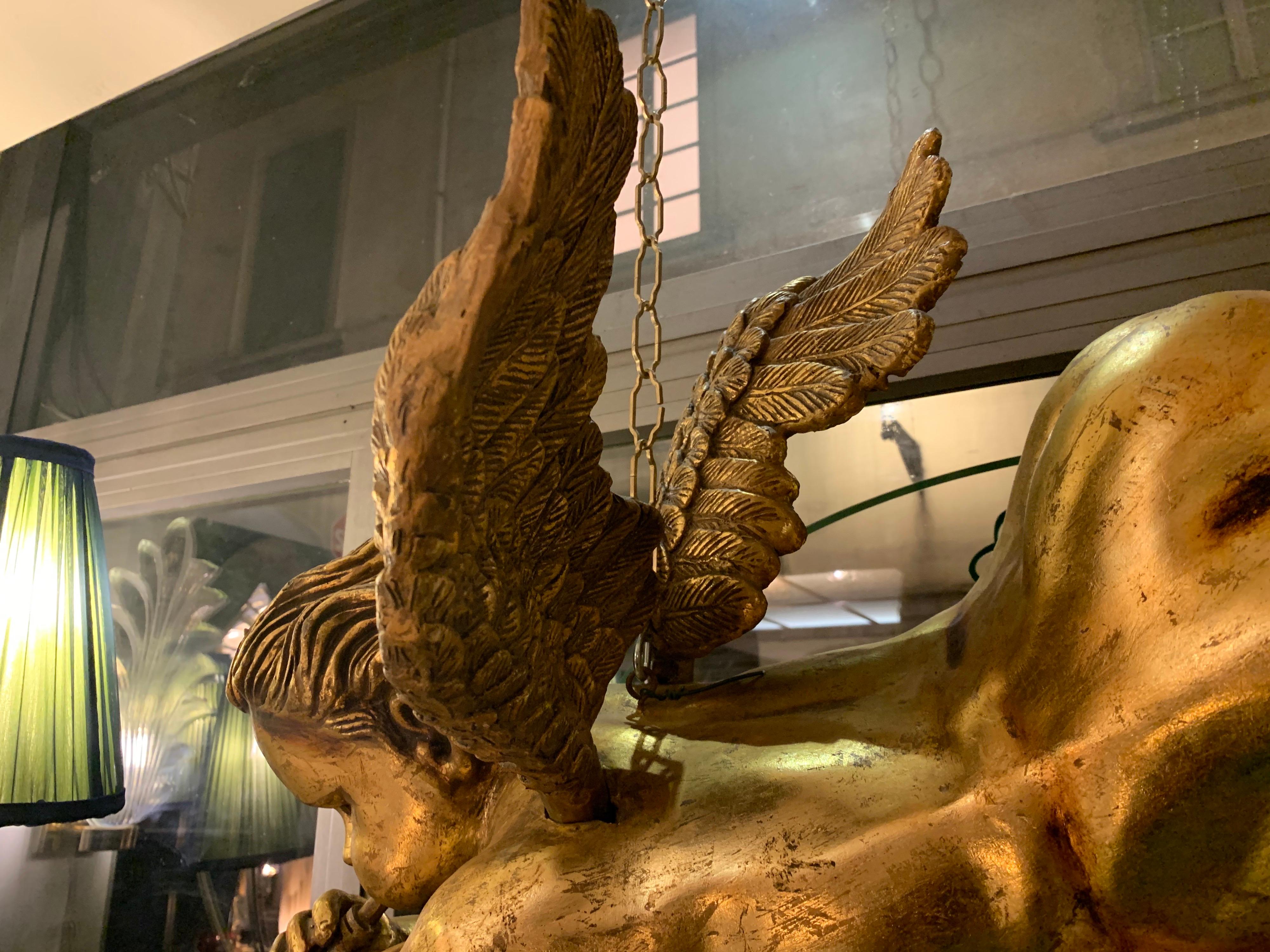 Gilt Italian Wood Gold Leaf Musician Cherub, Ceiling Hanging, 1950s