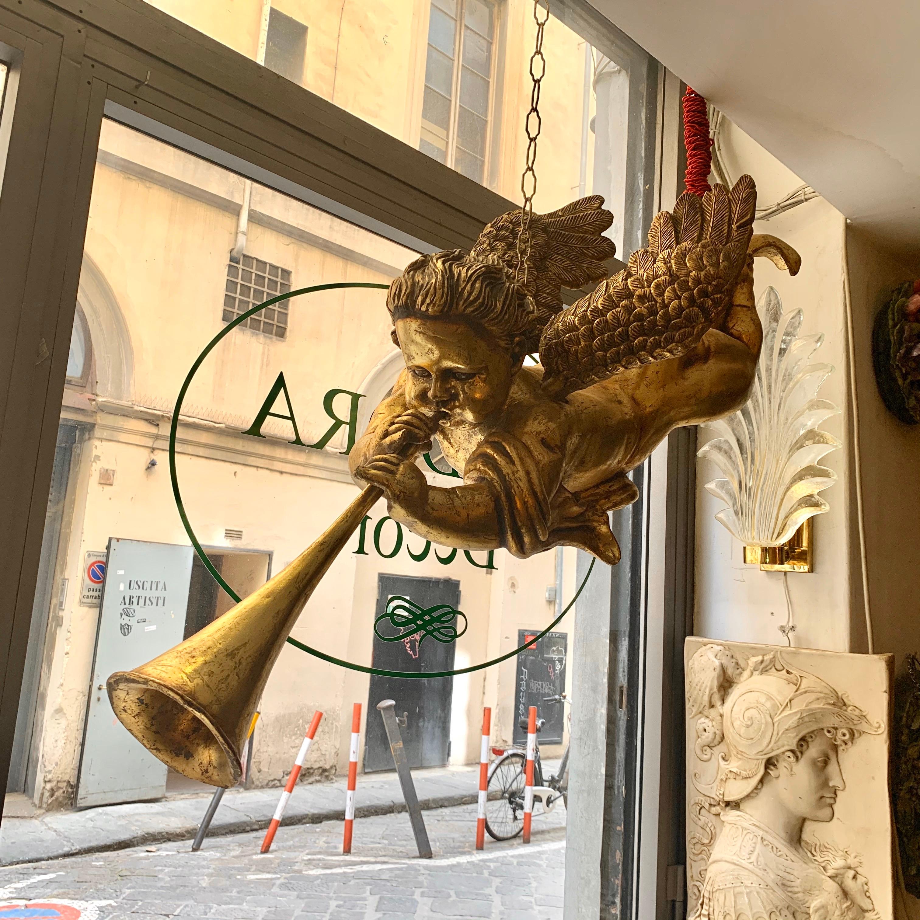 Italian Wood Gold Leaf Musician Cherub, Ceiling Hanging, 1950s In Good Condition In Florence, IT
