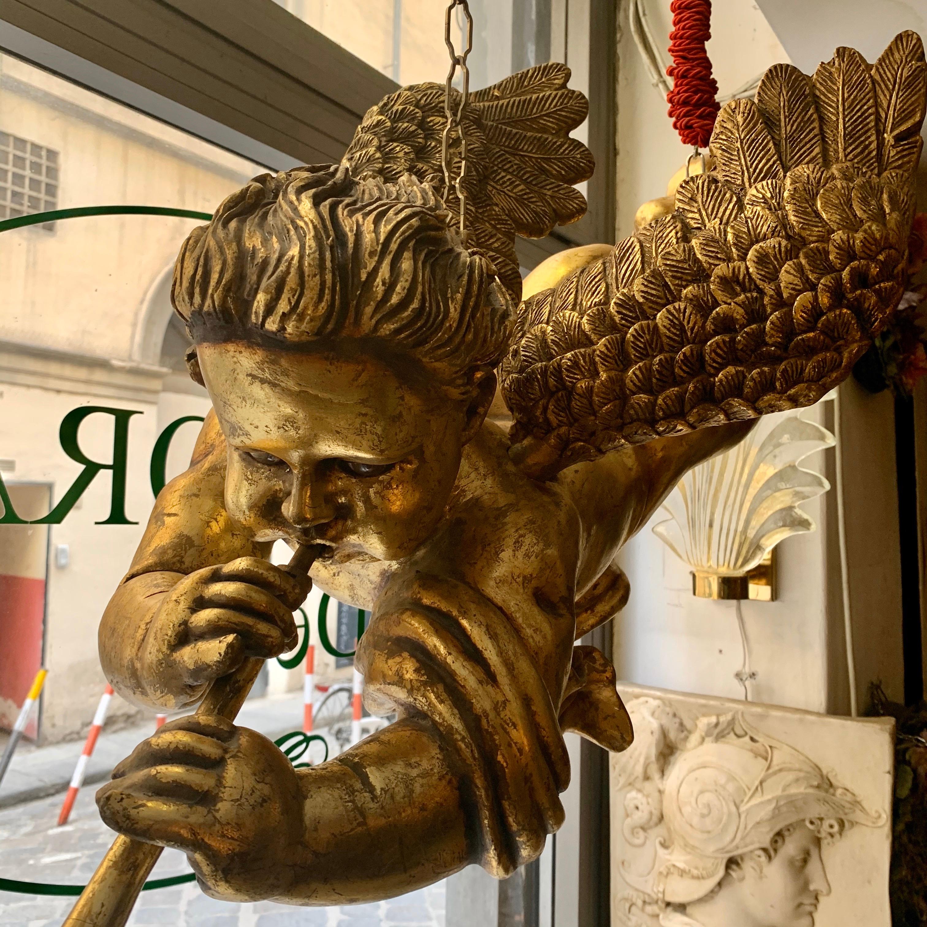 Mid-20th Century Italian Wood Gold Leaf Musician Cherub, Ceiling Hanging, 1950s