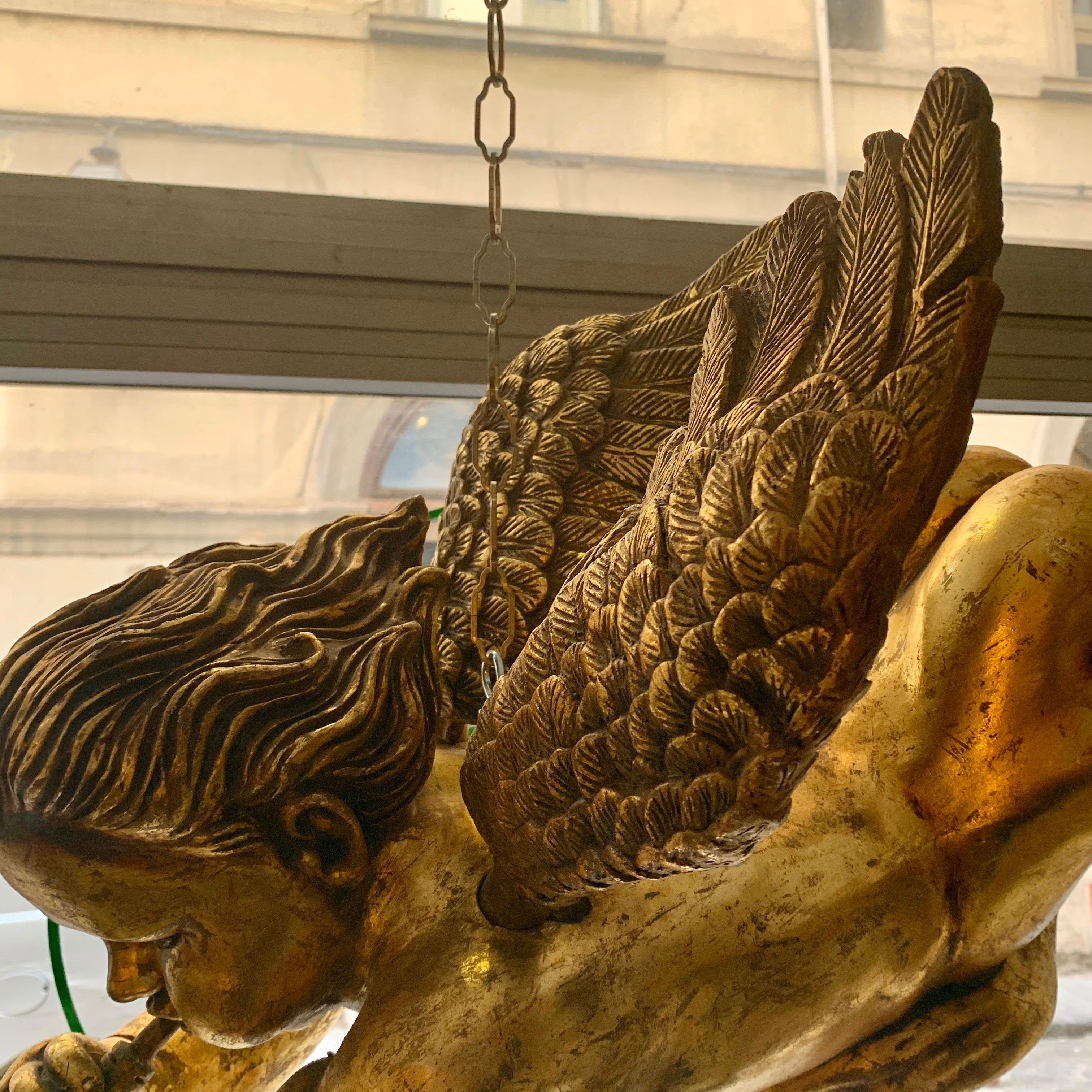 Italian Wood Gold Leaf Musician Cherub, Ceiling Hanging, 1950s 1