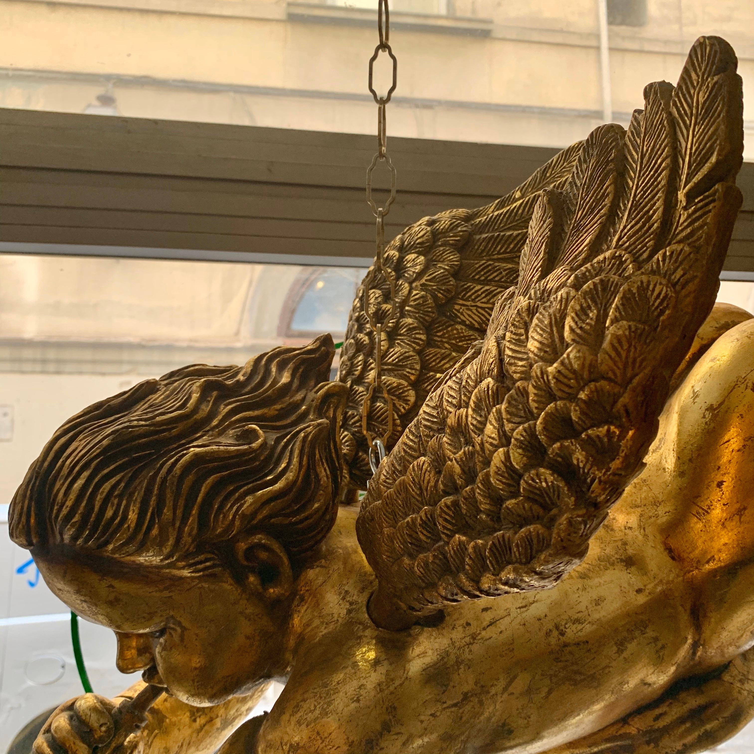 Italian Wood Gold Leaf Musician Cherub, Ceiling Hanging, 1950s 2