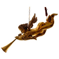 Italian Wood Gold Leaf Musician Cherub, Ceiling Hanging, 1950s