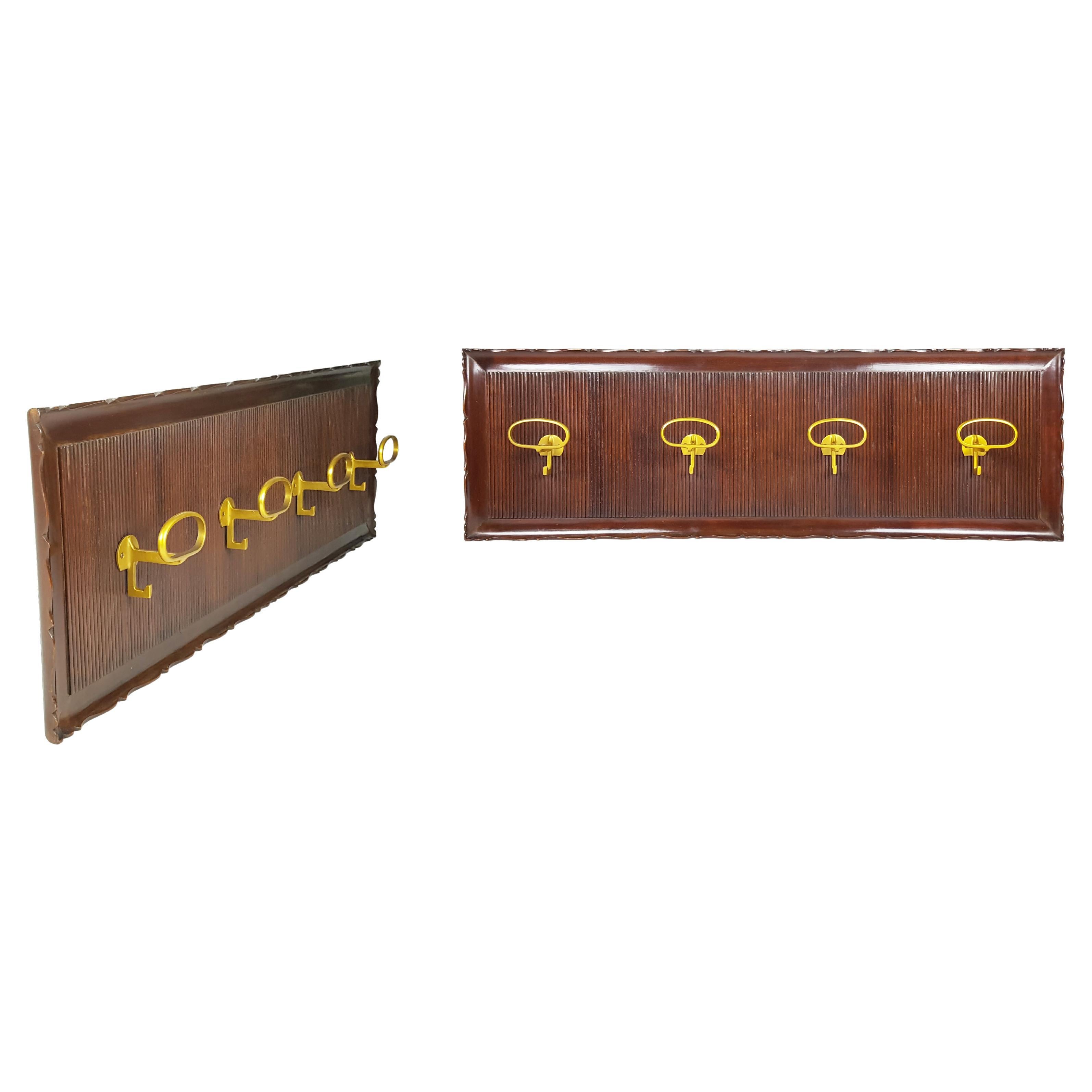 Italian Wood & Golden Aluminum 1950s Wall Coat Rack by Fratelli Barni, set of 2 For Sale