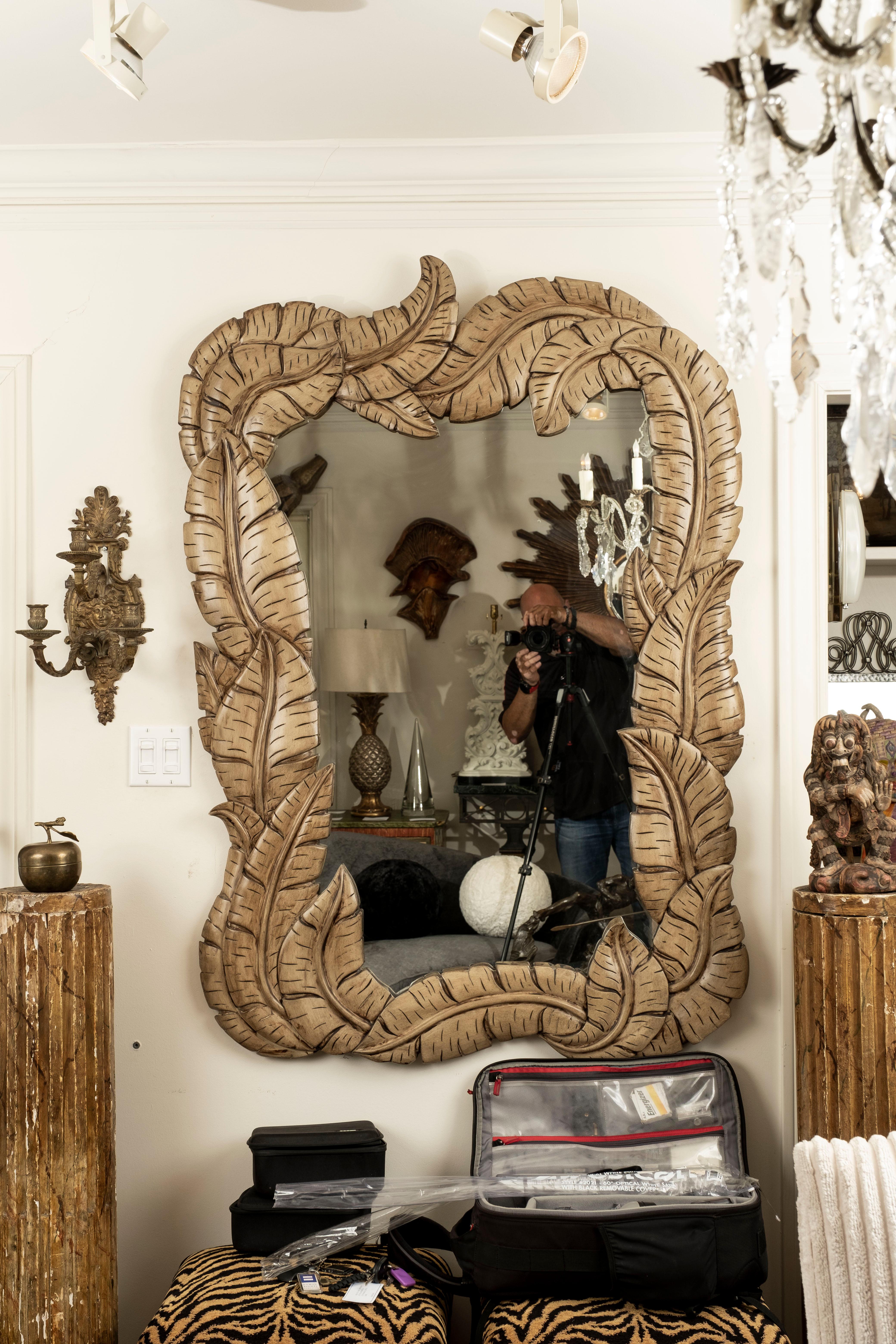 Hollywood Regency Italian Wood Palm Frond Mirror in the Manner of Serge Roche