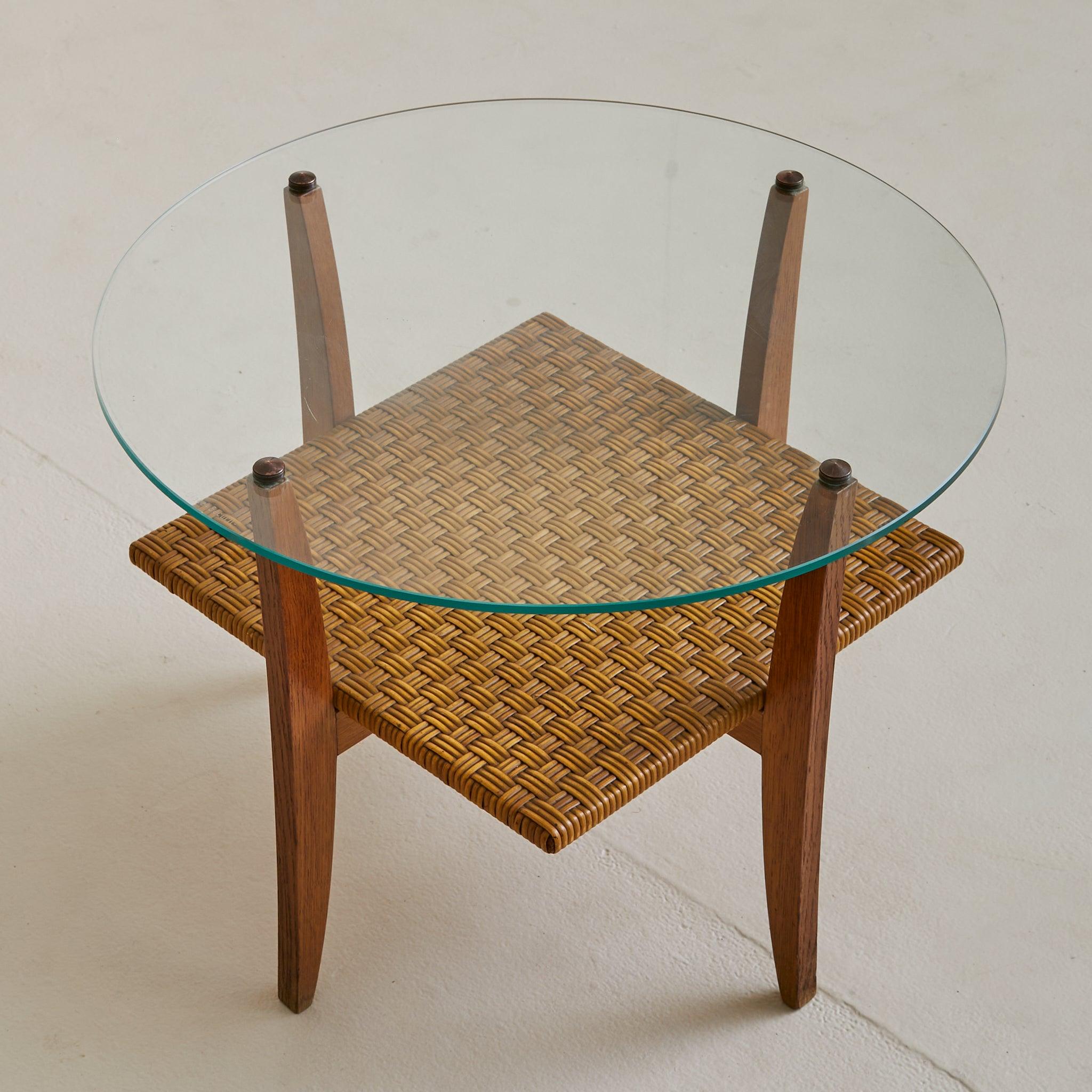 Mid-Century Modern Italian Wood + Rattan Coffee Table with Glass Top, 1960s For Sale